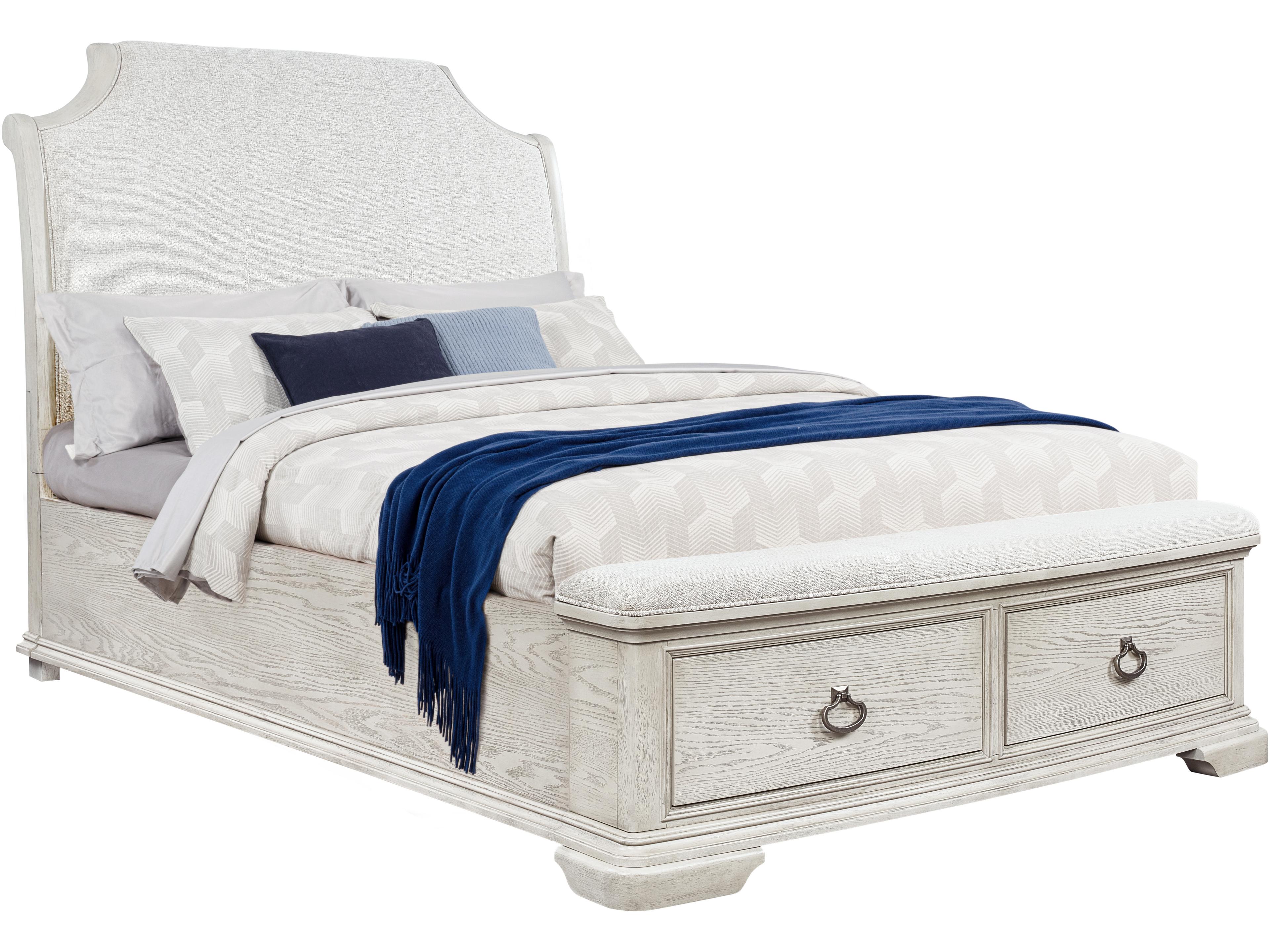 White Gray Acacia Wood Upholstered Queen Sleigh Bed
