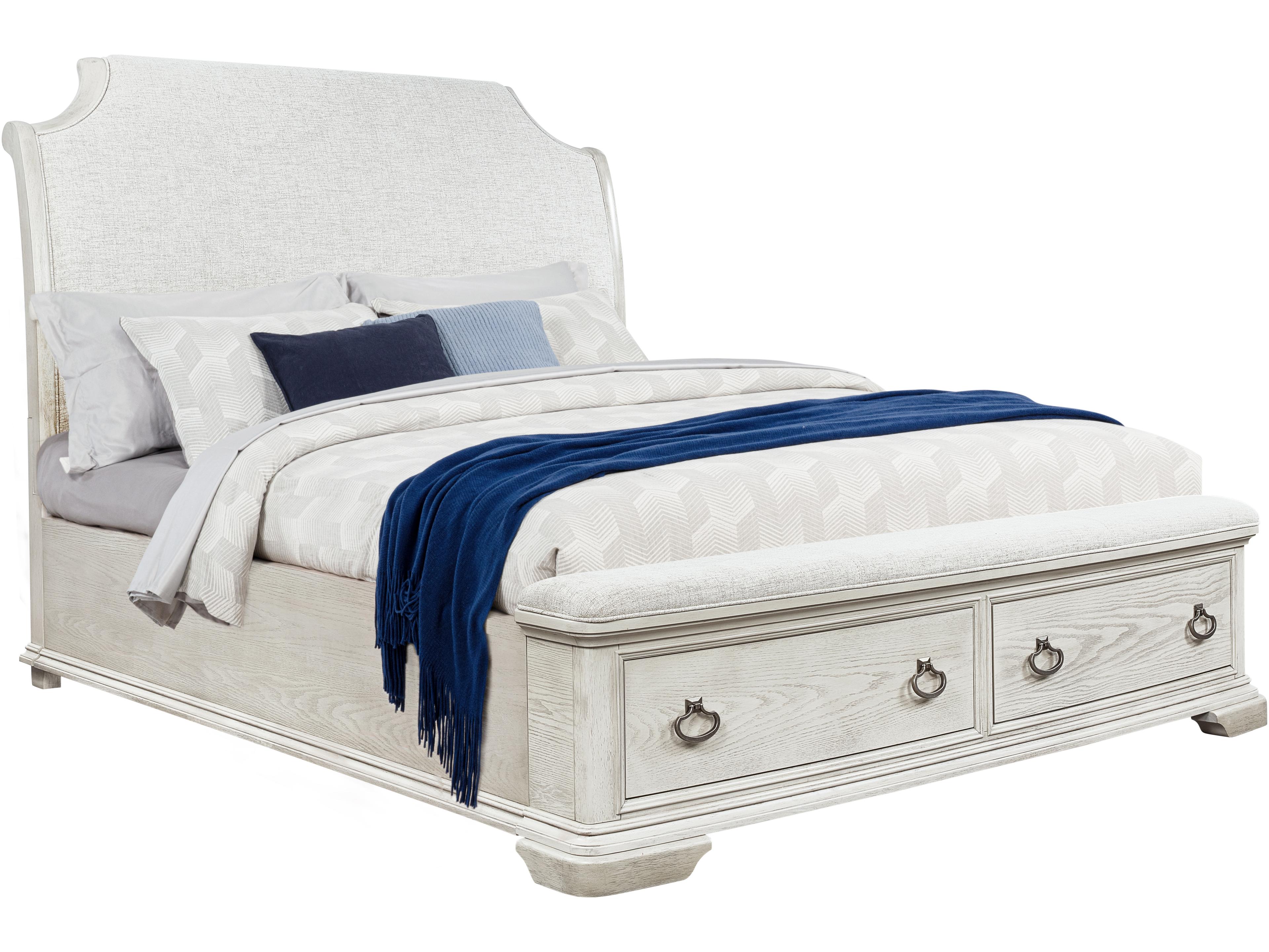 White Gray Acacia Wood Upholstered King Sleigh Bed