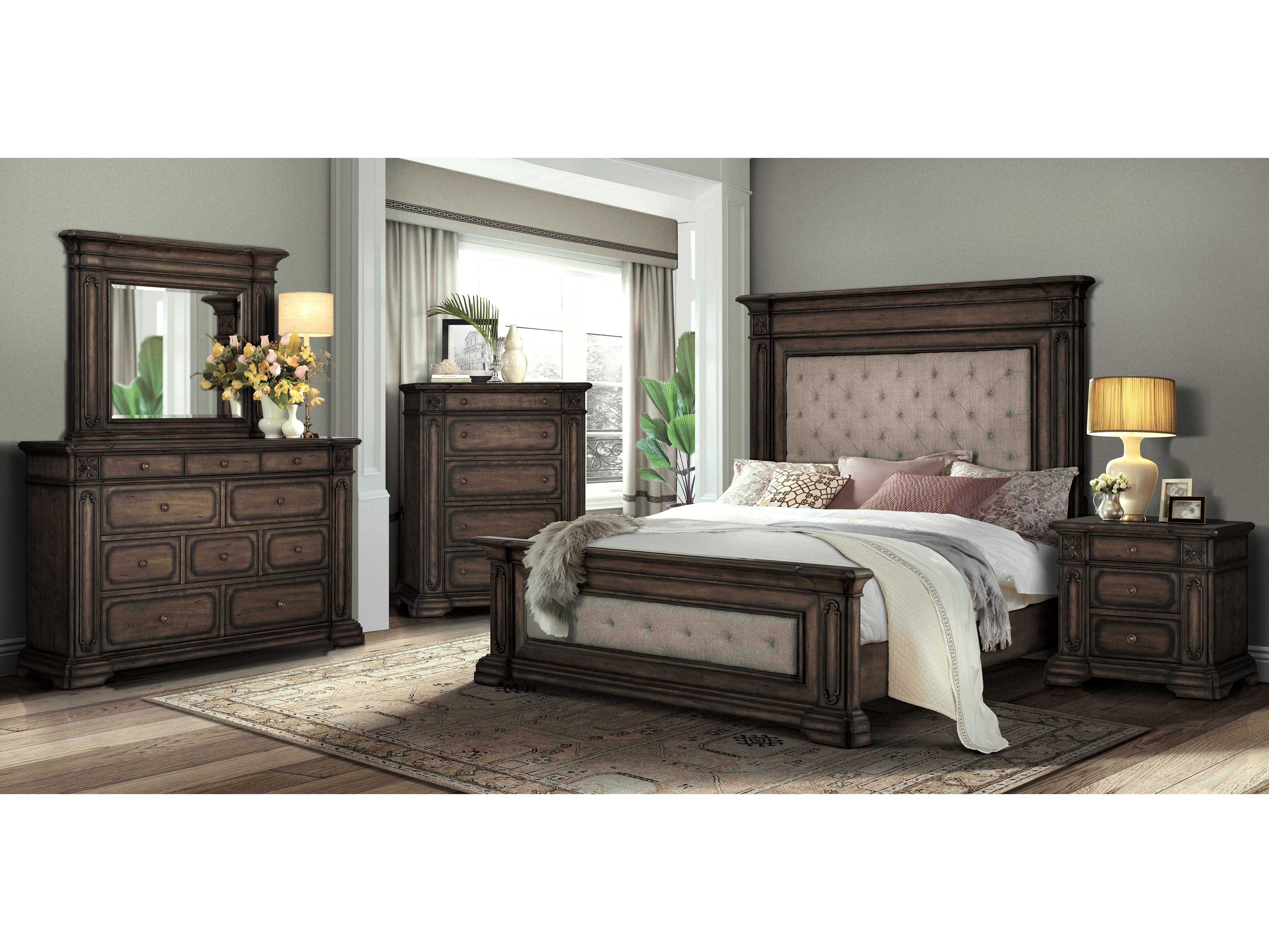 Avalon Furniture Old World Brown Birch Wood Upholstered King Panel Bed