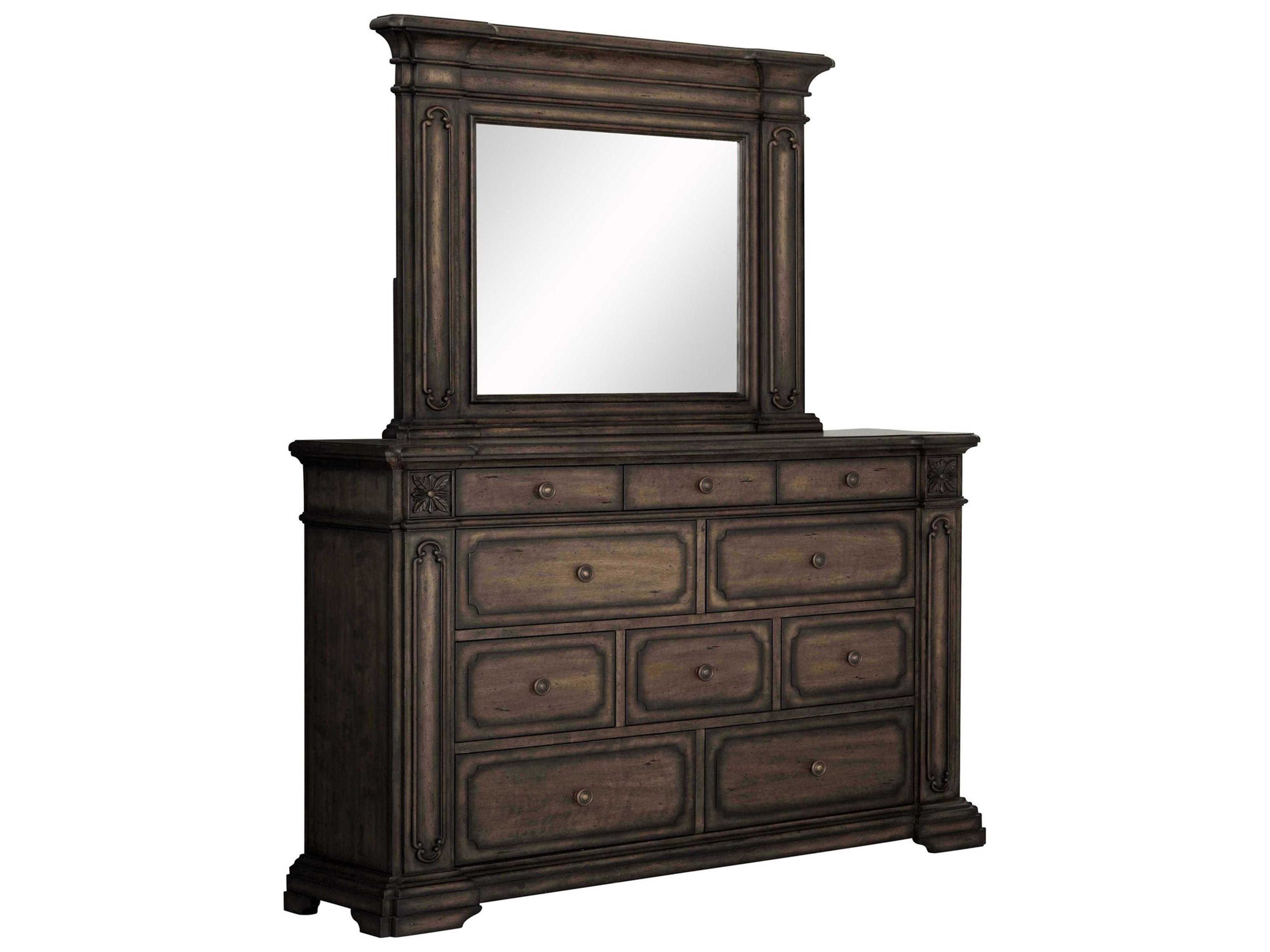 Brown Birch Wood Double Dresser and Mirror Set