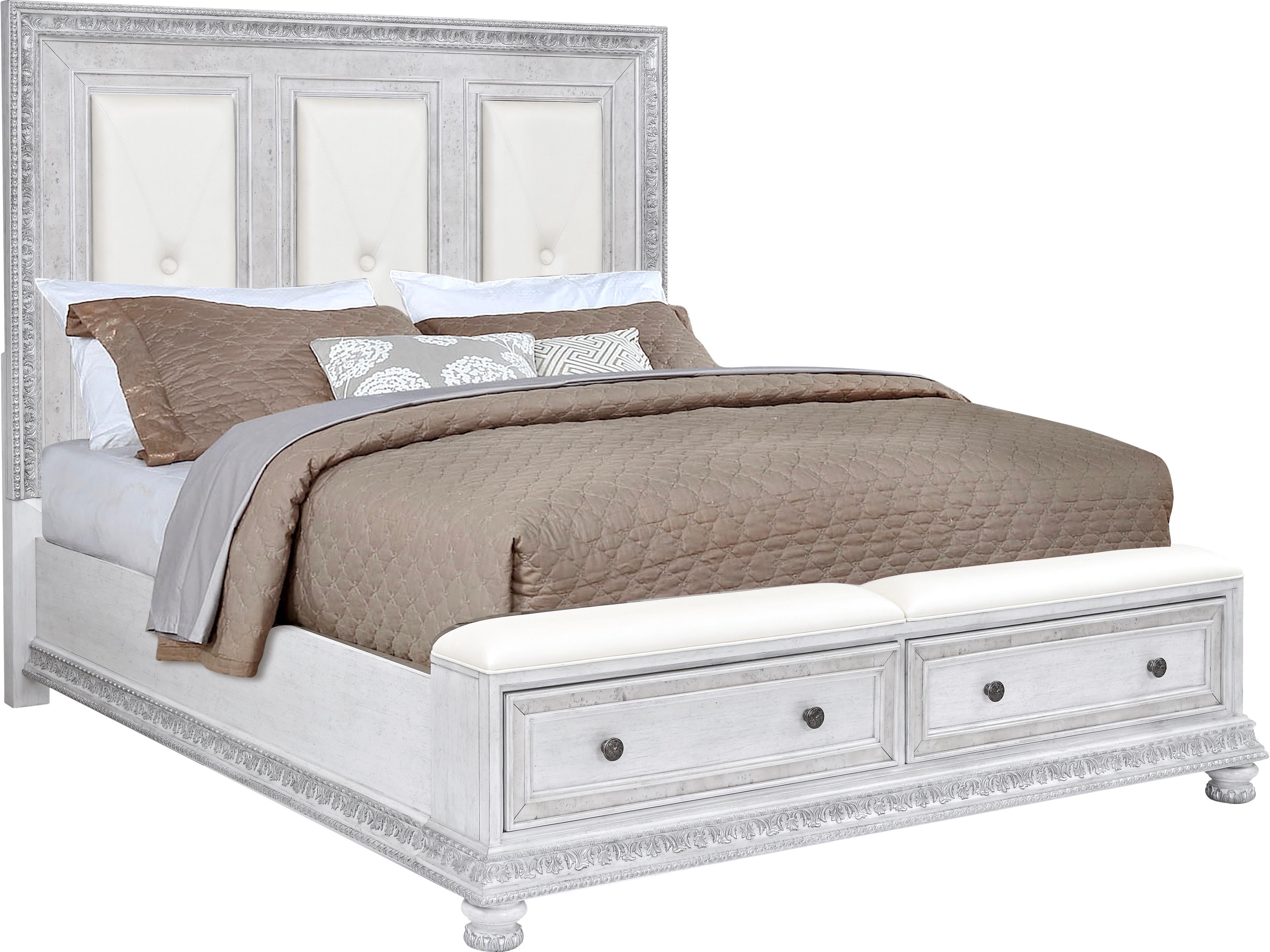 Frosted White Gray Mahogany Wood Queen Panel Bed