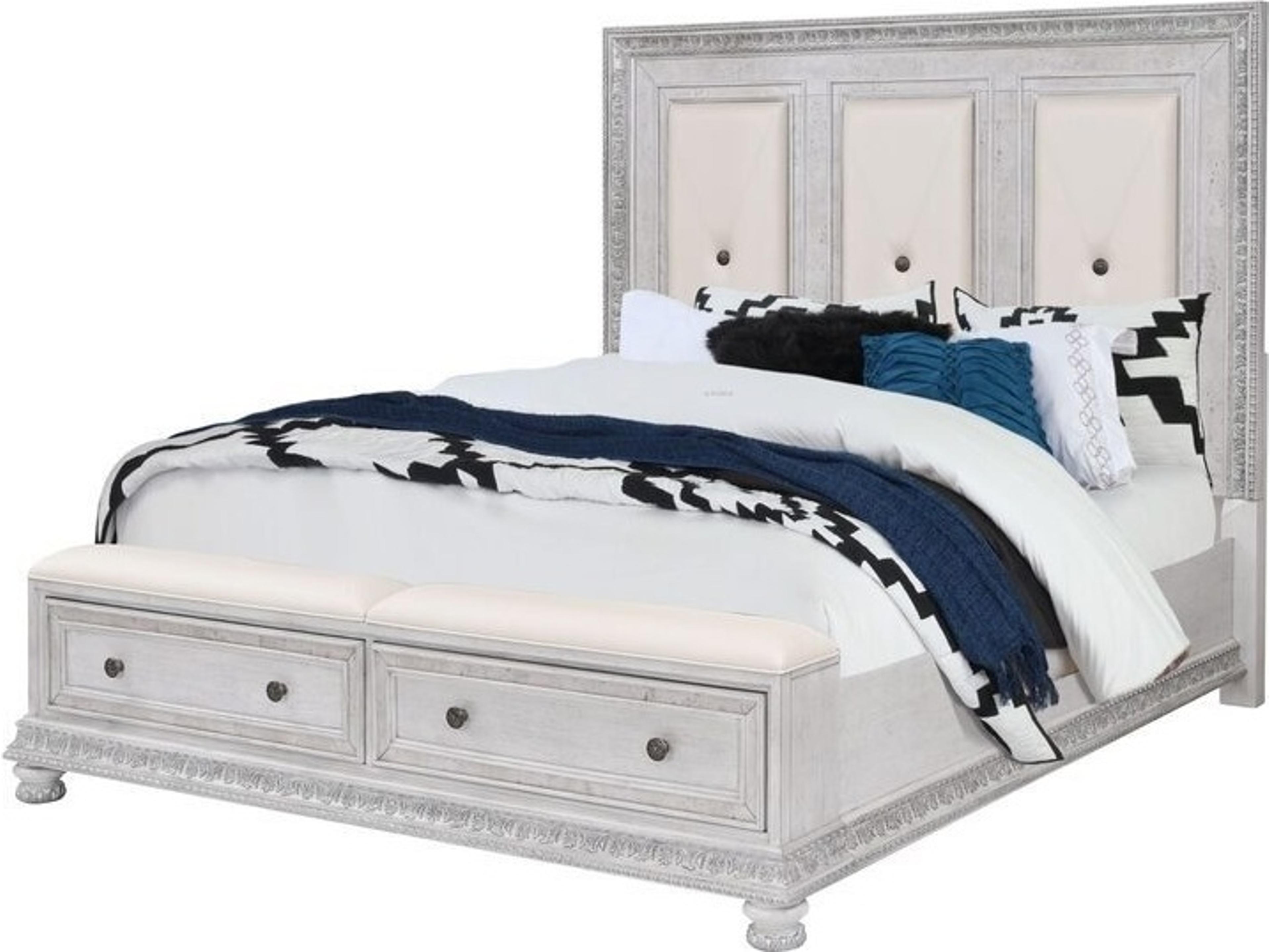 Frosted White Gray Mahogany Wood King Panel Bed
