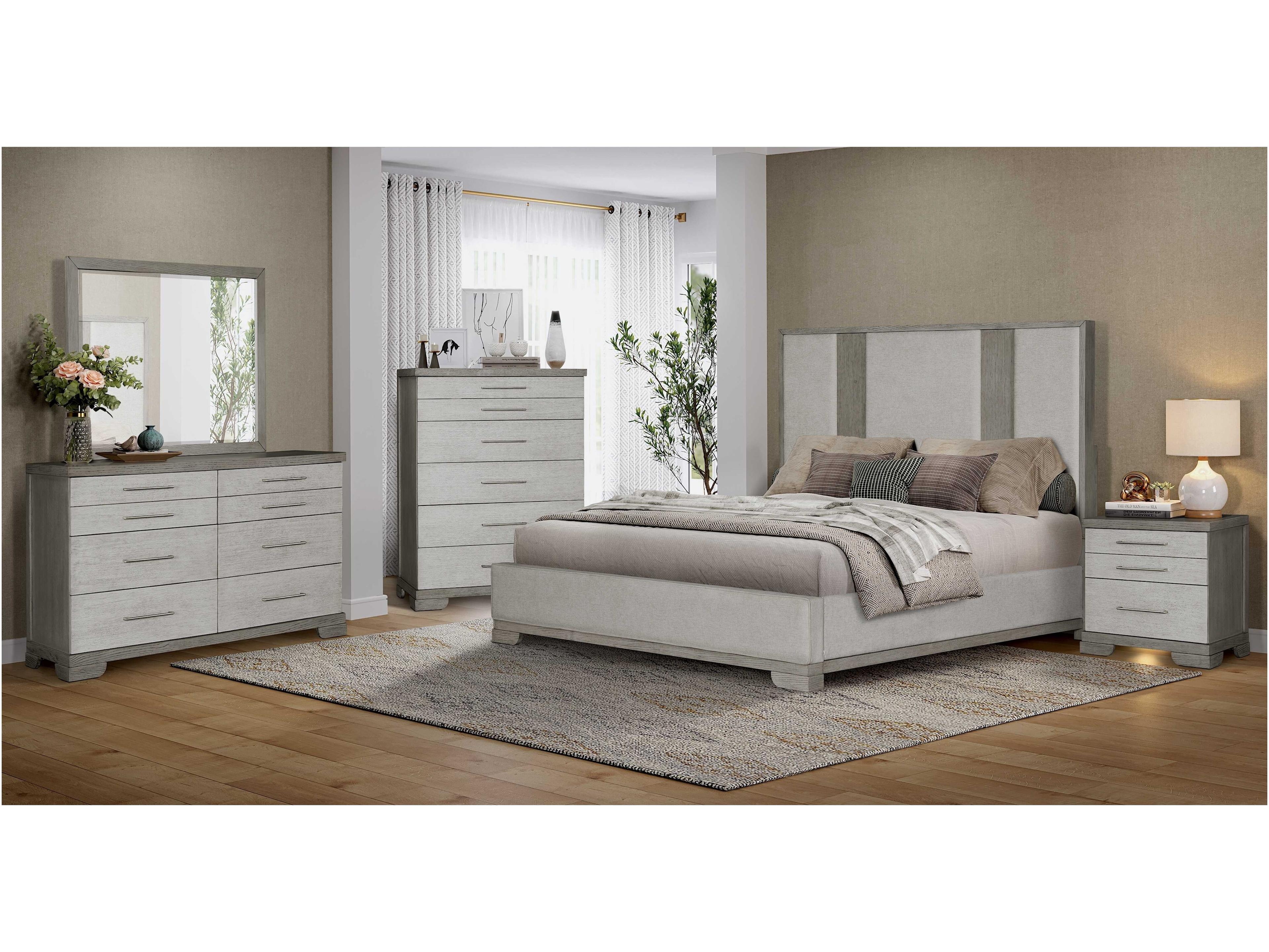 Avalon Furniture White Light Taupe Gray Rubberwood Wood King Panel Bed