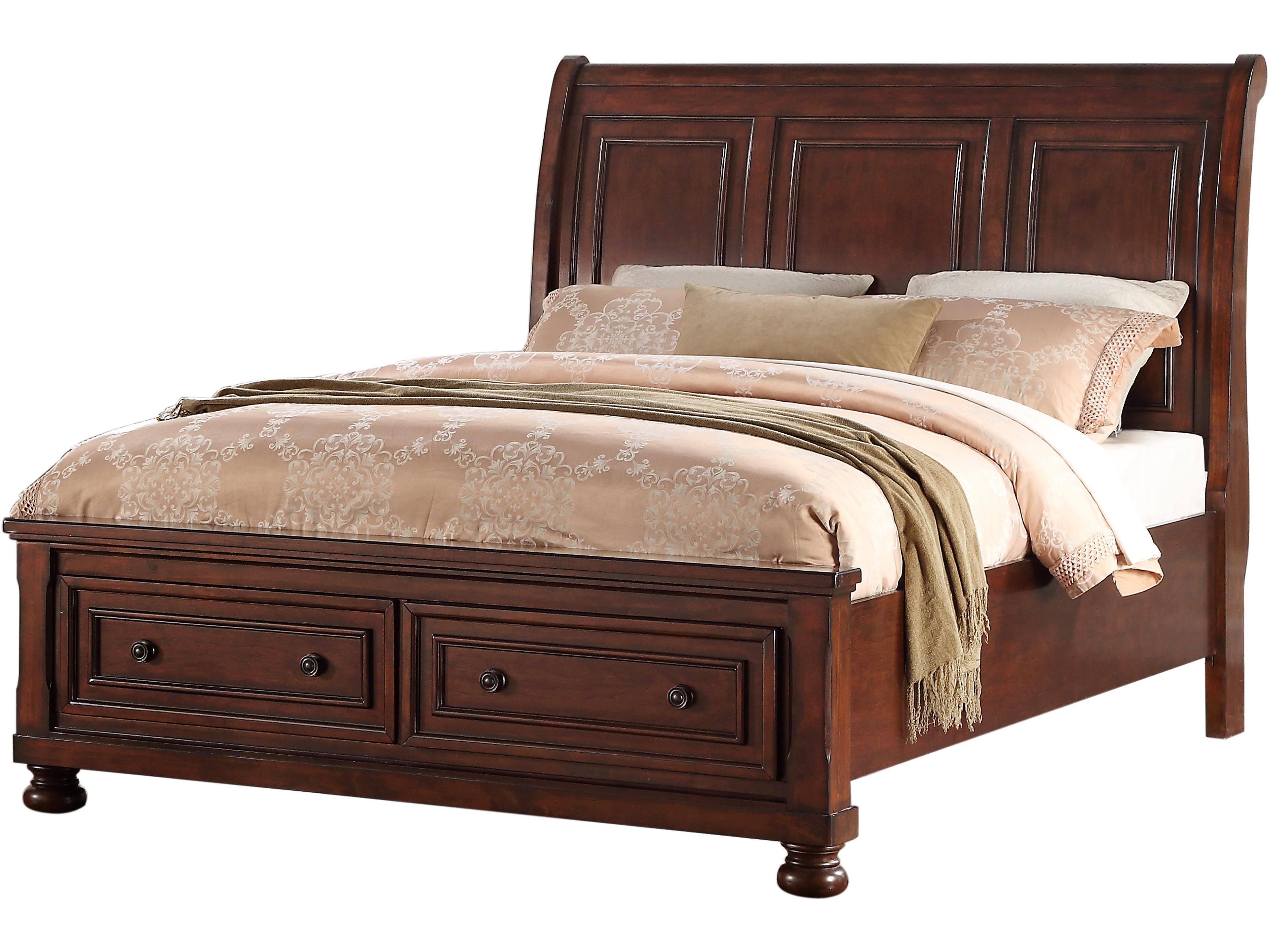 Cherry Brown Pine Wood Queen Sleigh Bed