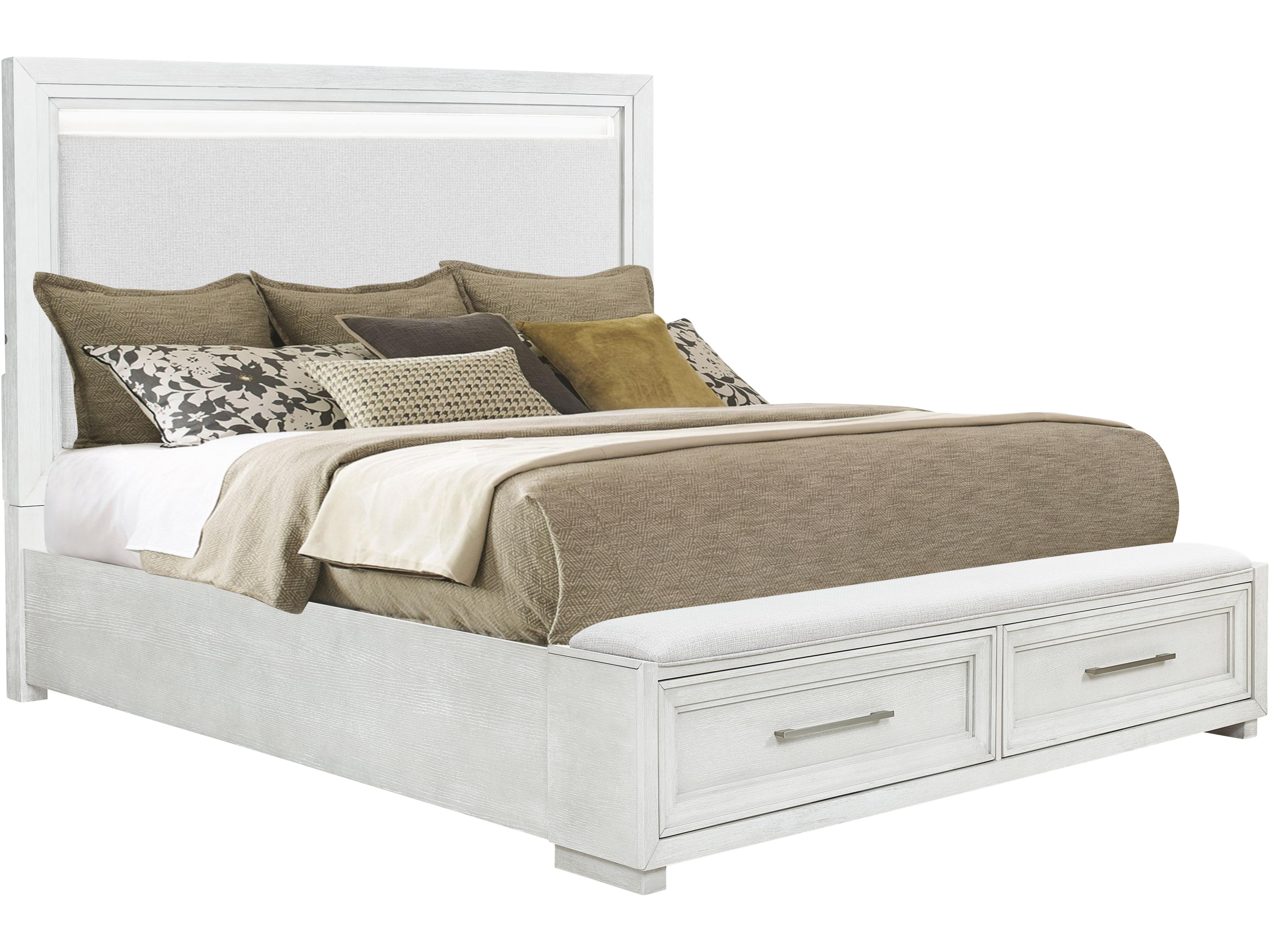 Brushed White Oak Wood Upholstered King Panel Bed