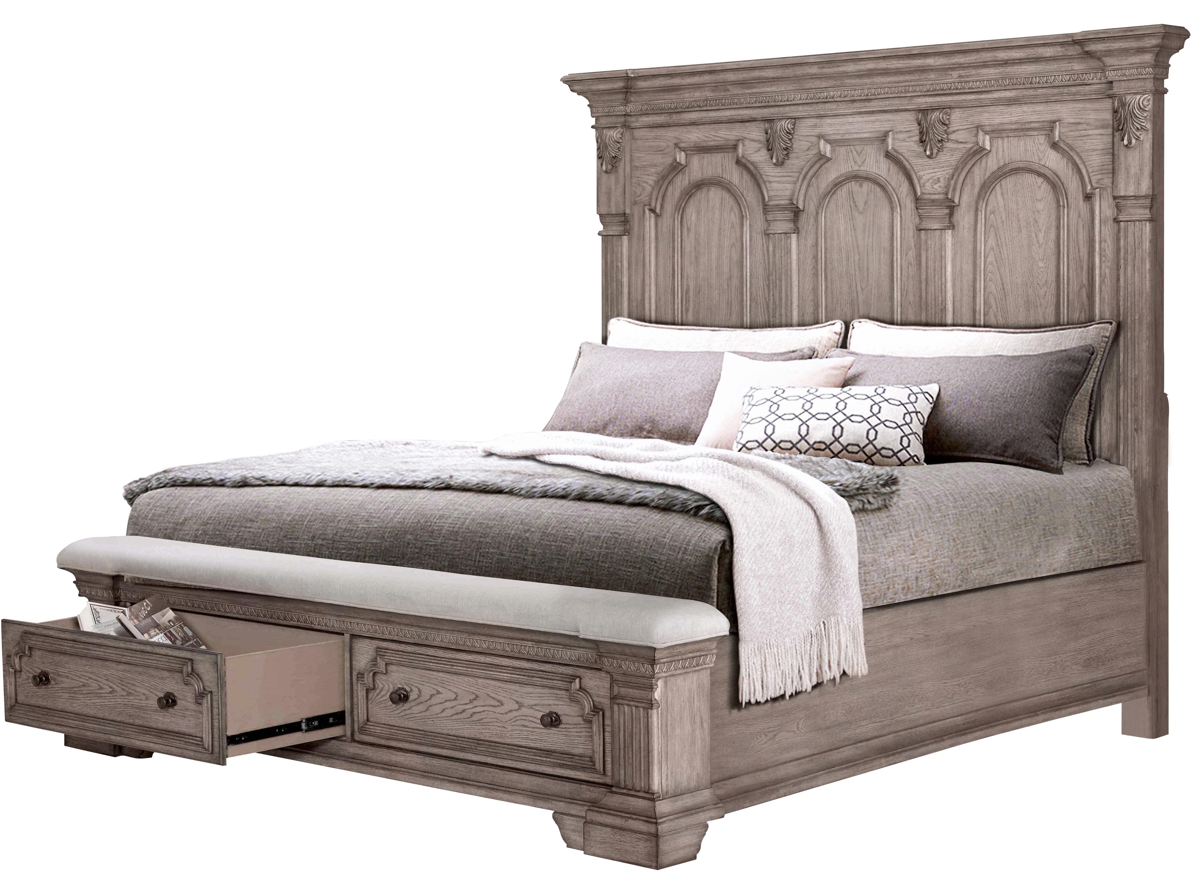 Light Taupe Brown Oak Wood King Panel Bed