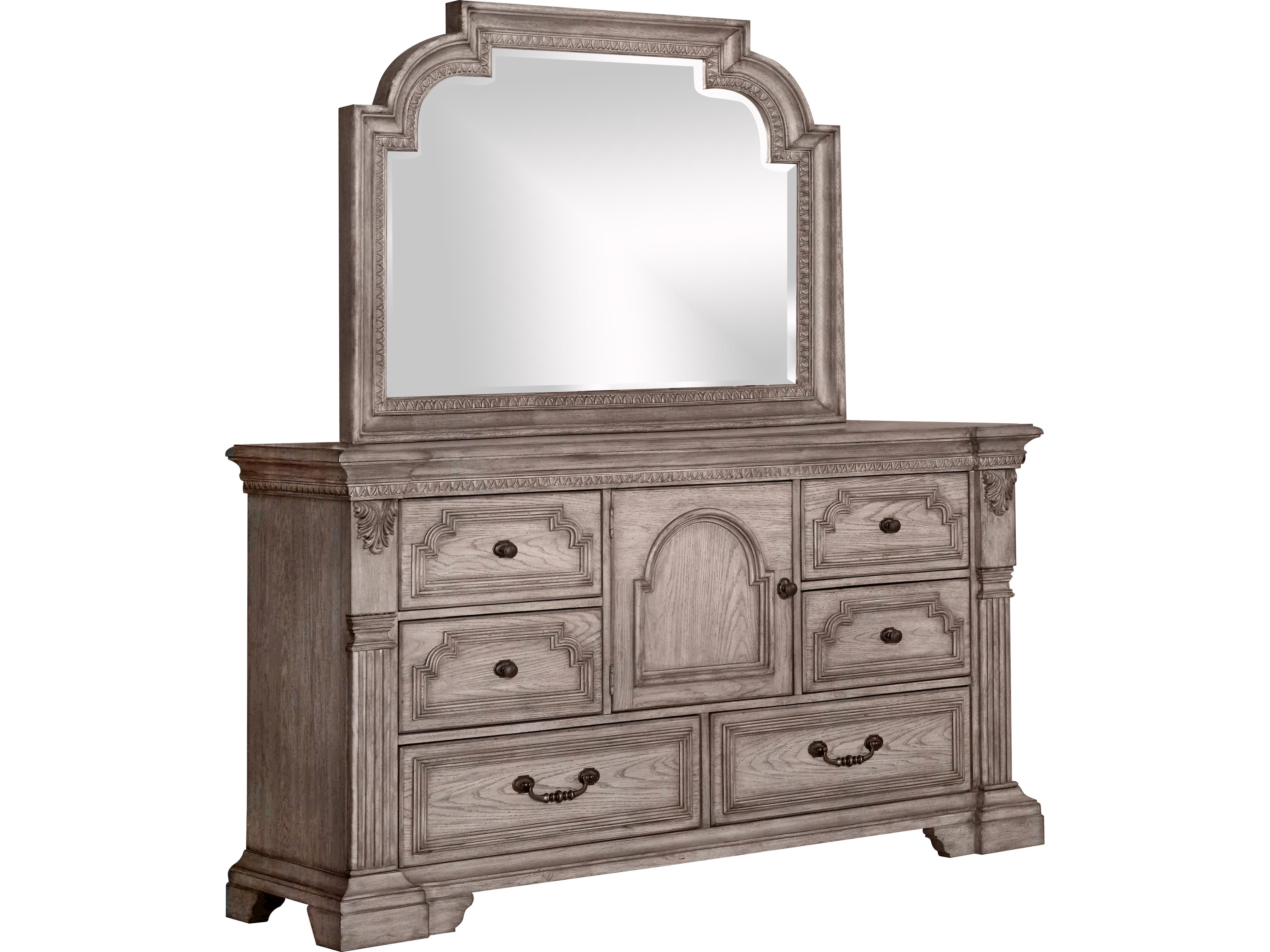 7-Drawers Brown Rubberwood Double Dresser and Mirror Set
