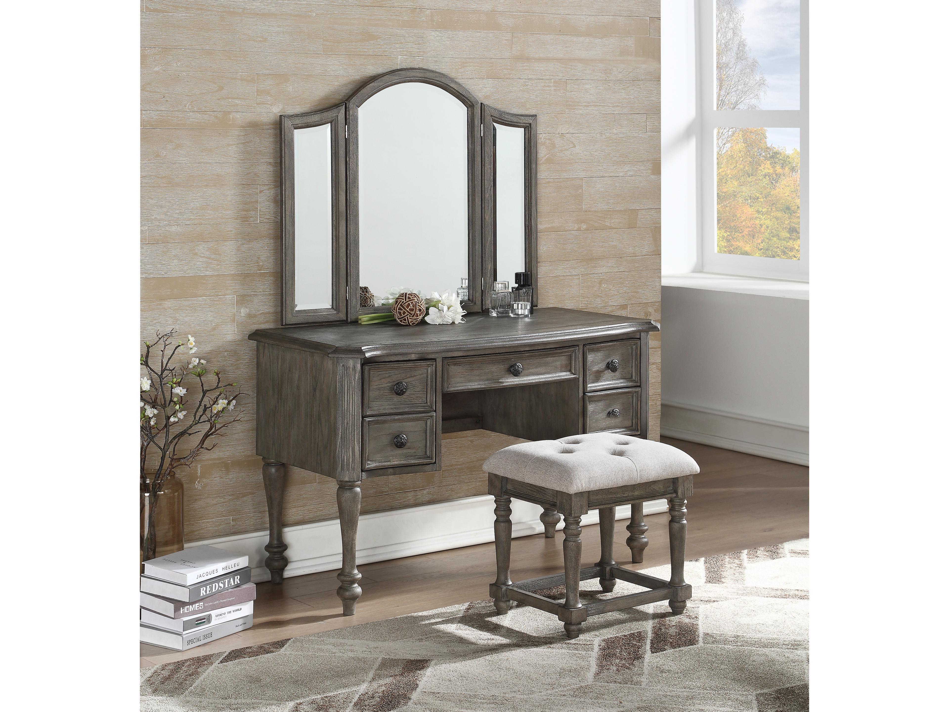Grey Poplar Wood Vanity Table with Mirror and Stool