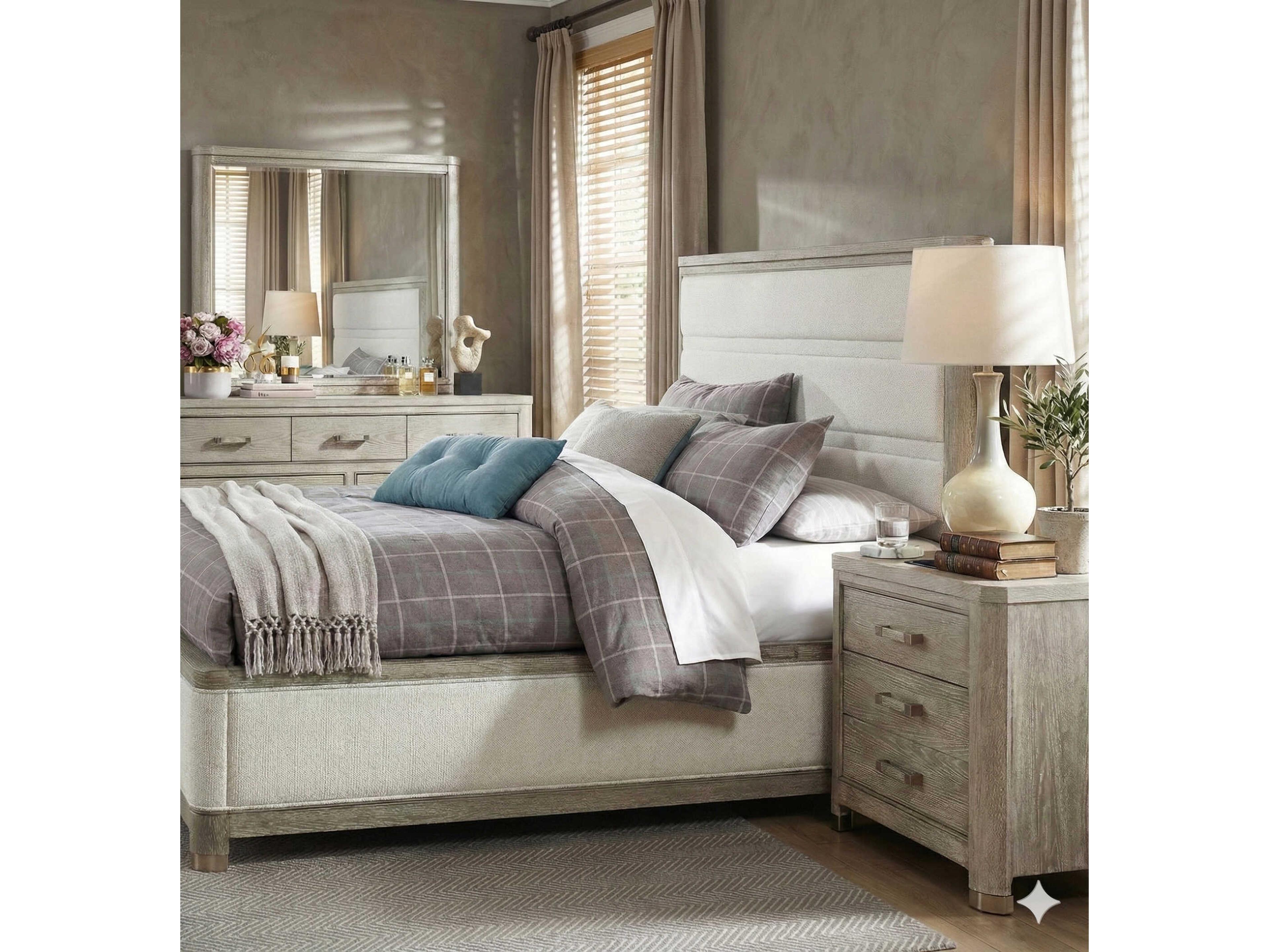 Avalon Furniture White Oak Wood Upholstered King Panel Bed