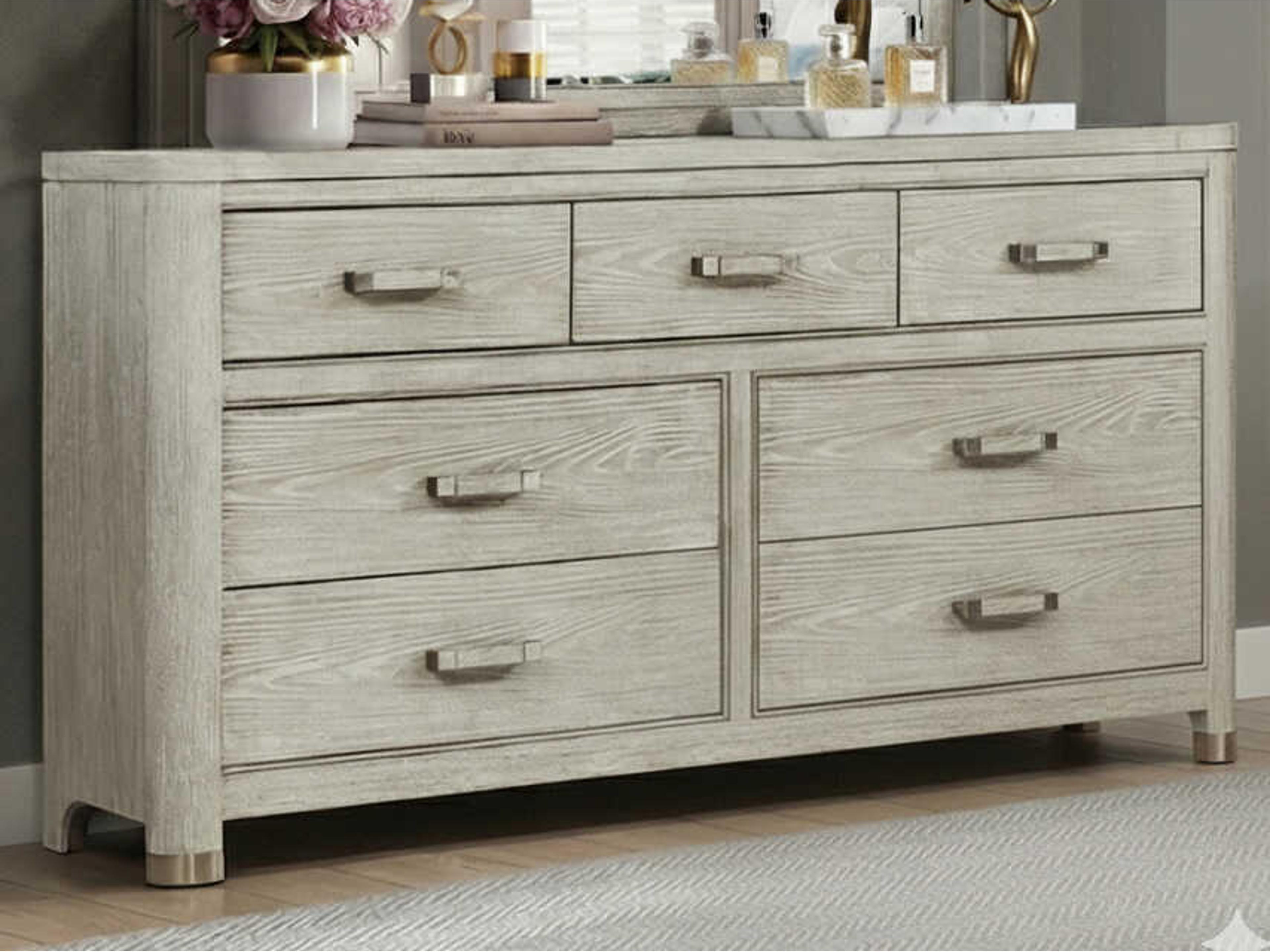 7-Drawers Gray Oak Wood Double Dresser