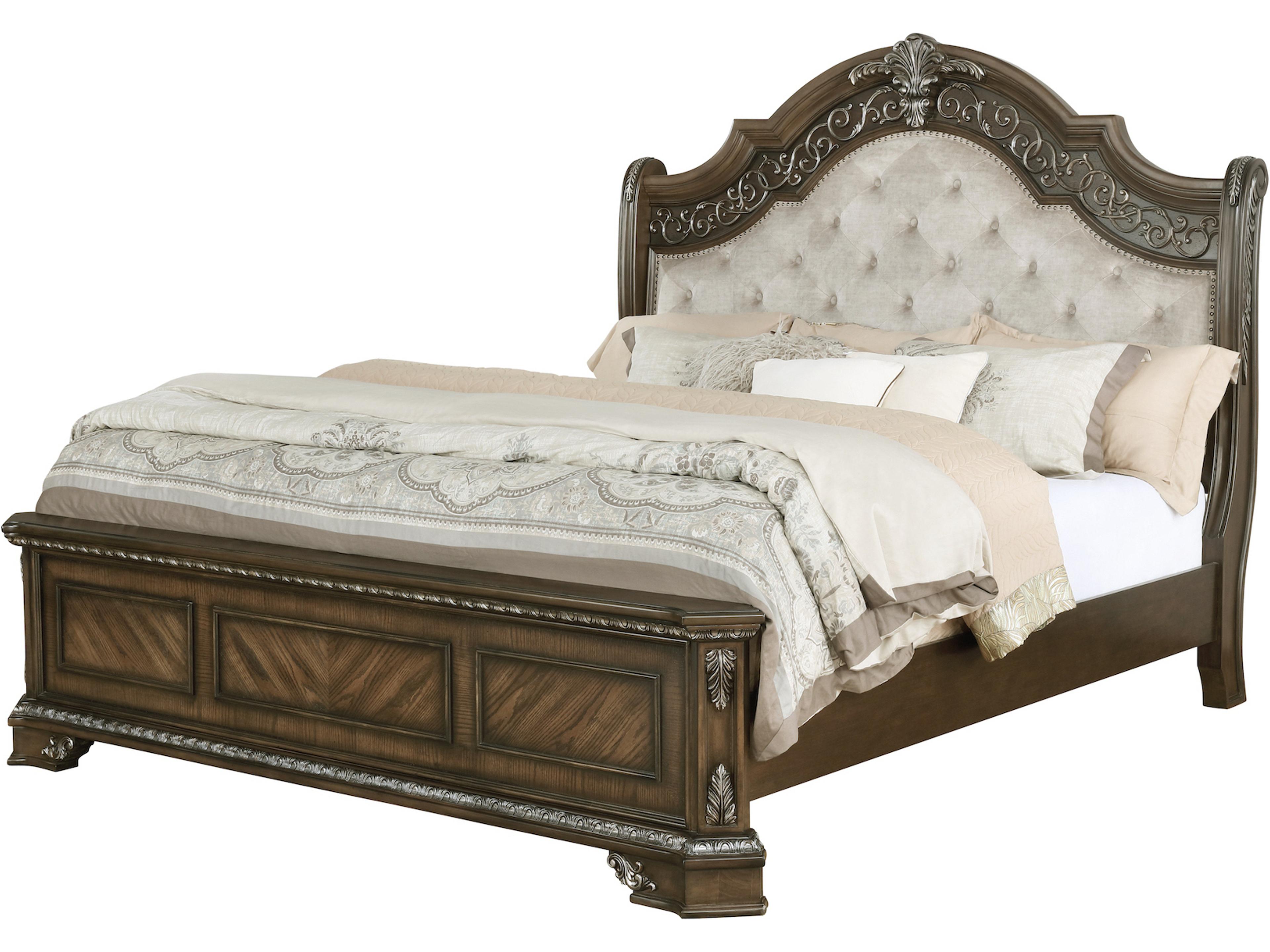 Oak Wood Upholstered King Panel Bed