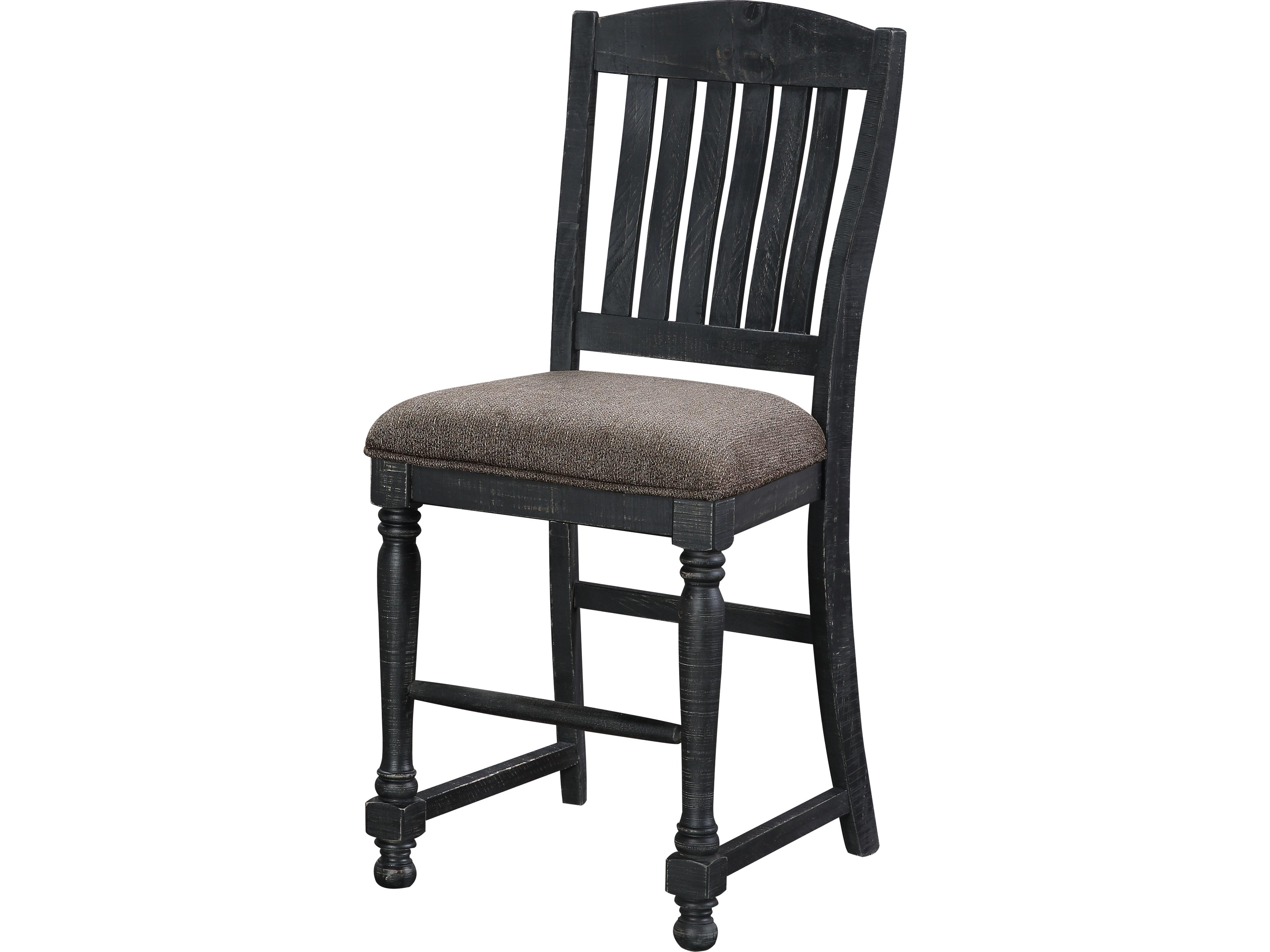 Distressed Gray Washed Black Upholstered Pine Wood Counter Stool
