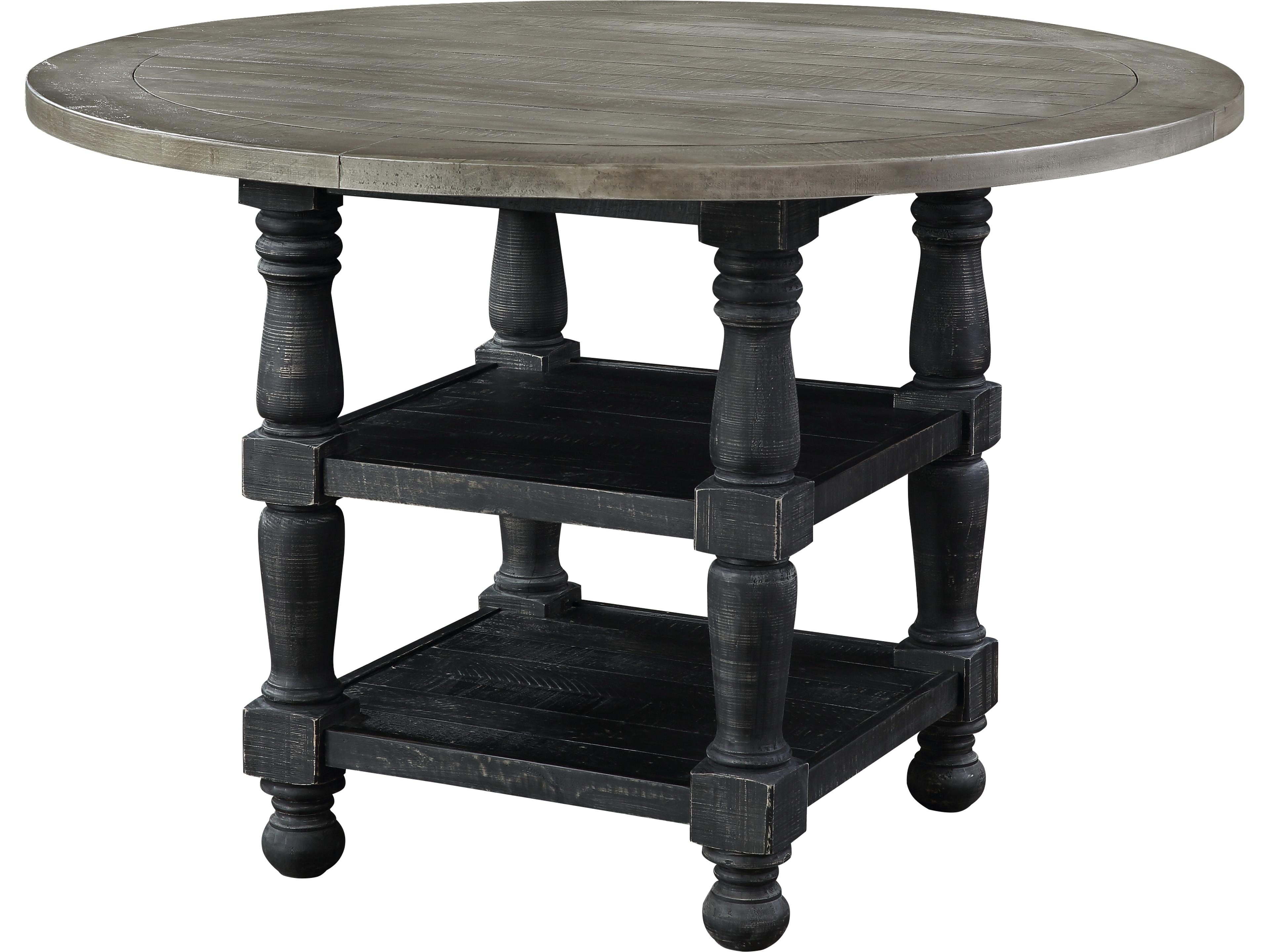 Round Wood Distressed Gray Washed Black Dining Table