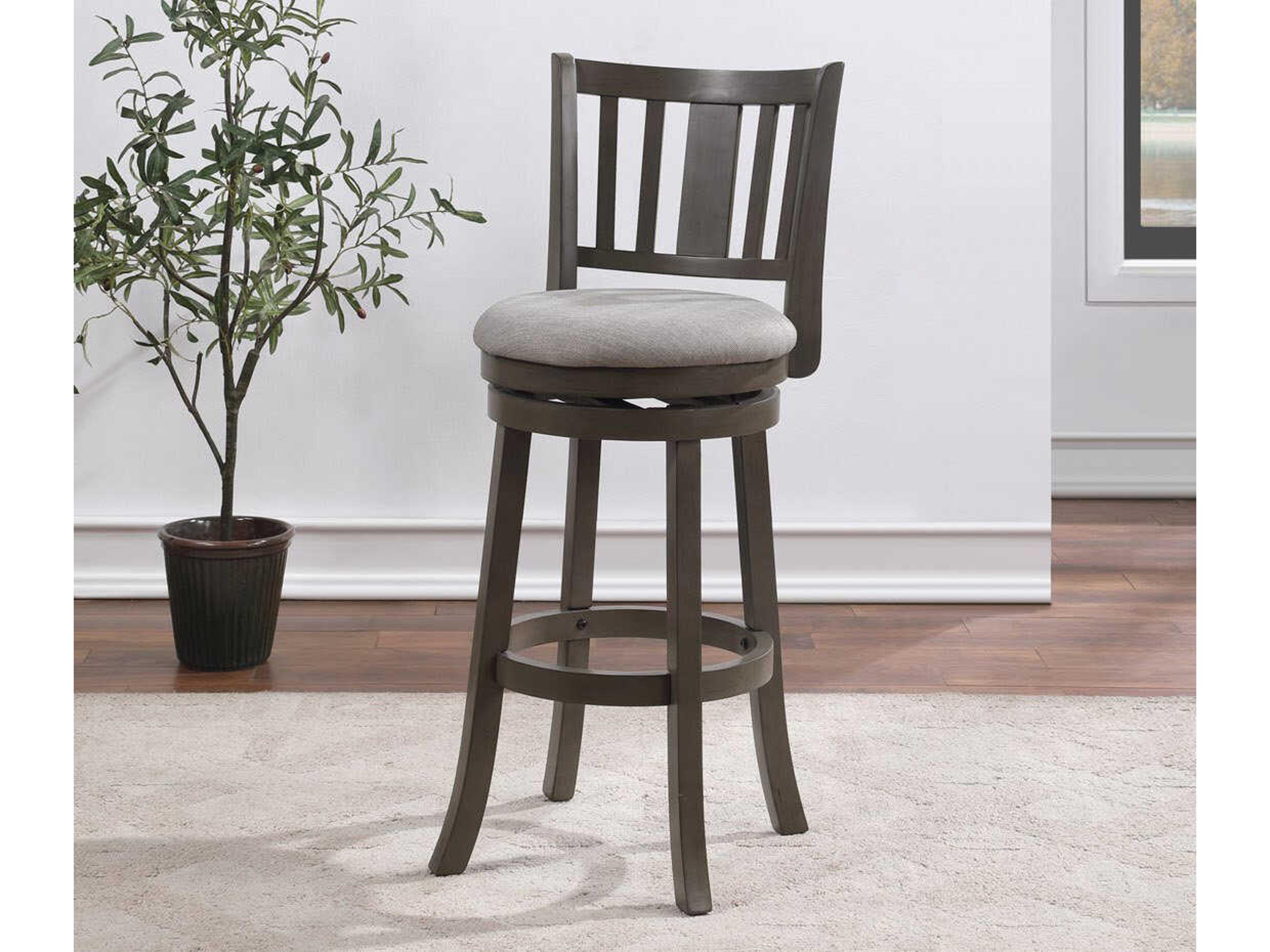 Gray Upholstered Swivel Mango Wood Bar Stool