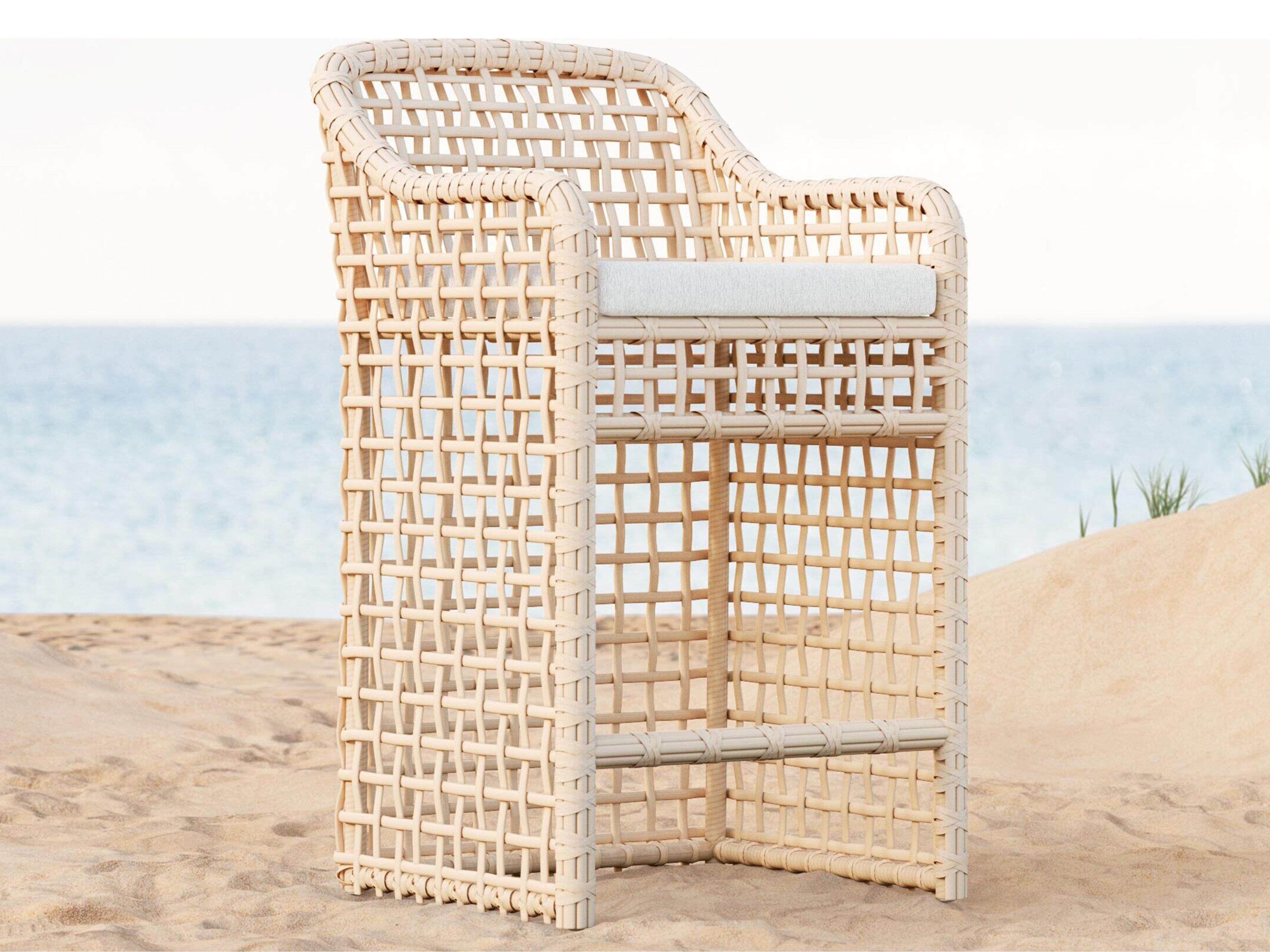 Azzurro Living Kiawah Almond All-Weather Wicker Outdoor Bar Stool with Cloud Cushion