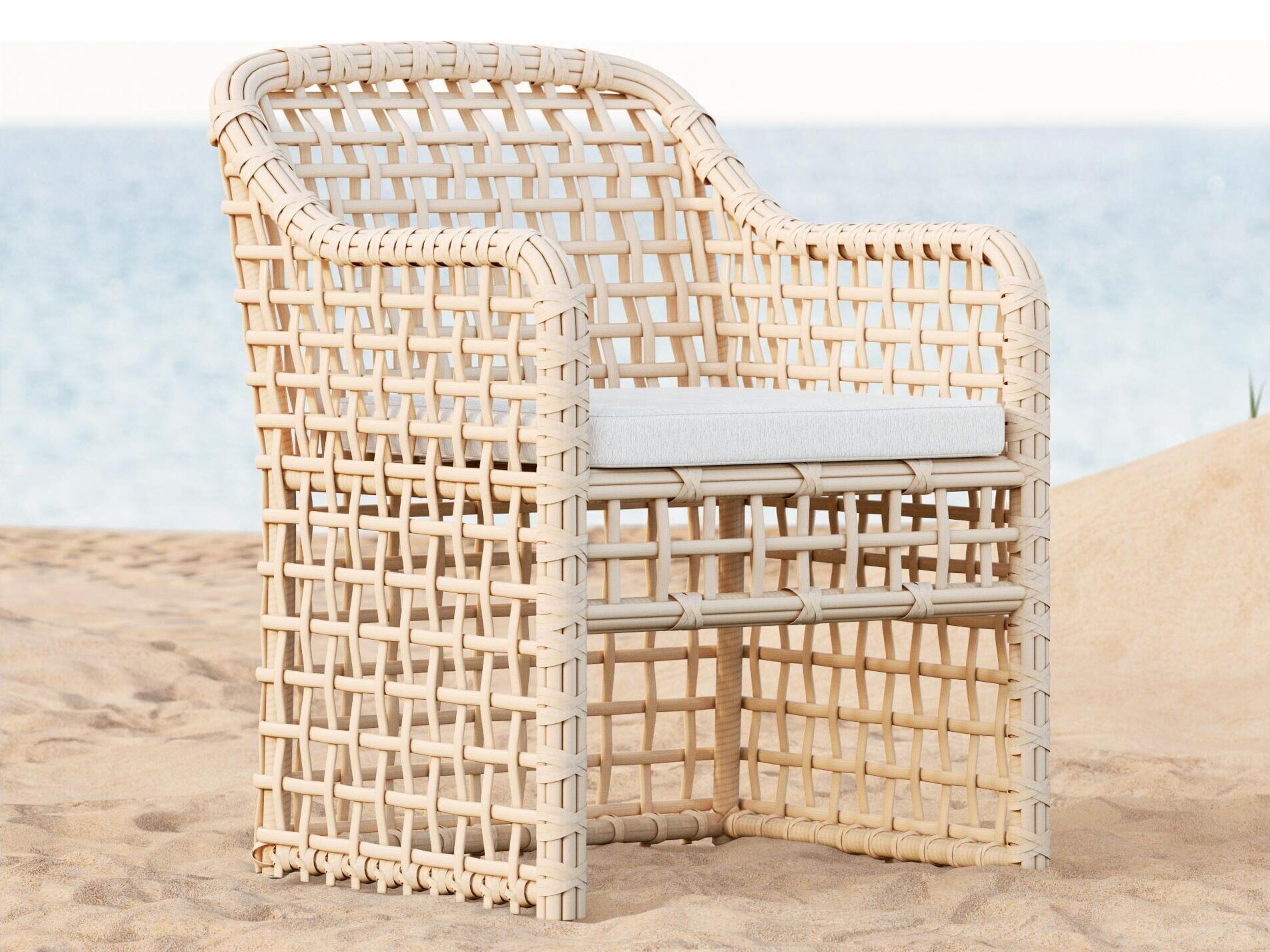 Azzurro Living Kiawah Almond All-Weather Wicker Outdoor Patio Dining Arm Chair with Cloud Cushion