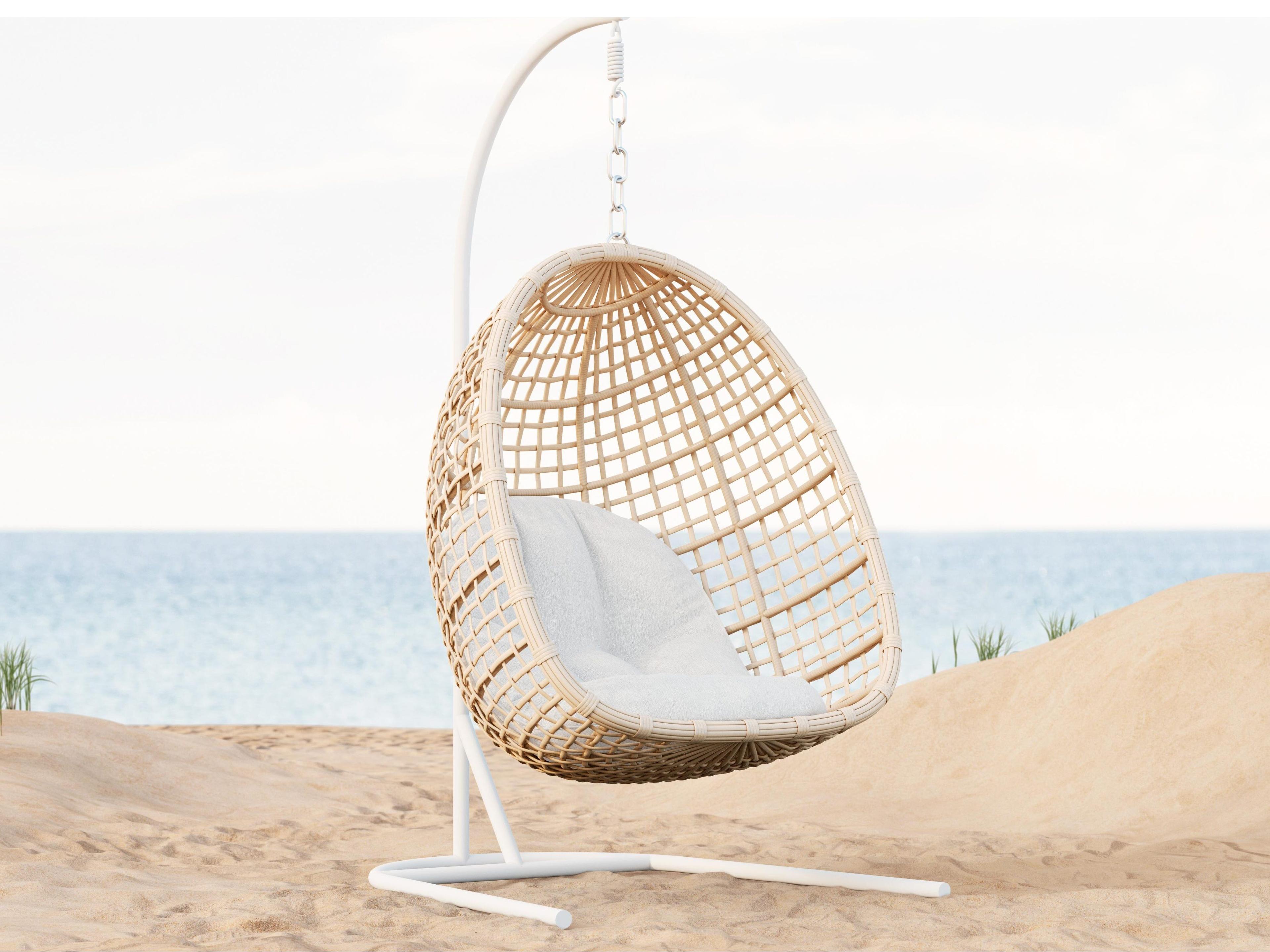 Azzurro Living Kiawah Almond All-Weather Wicker Hanging Chair with Cloud Cushion & Stand