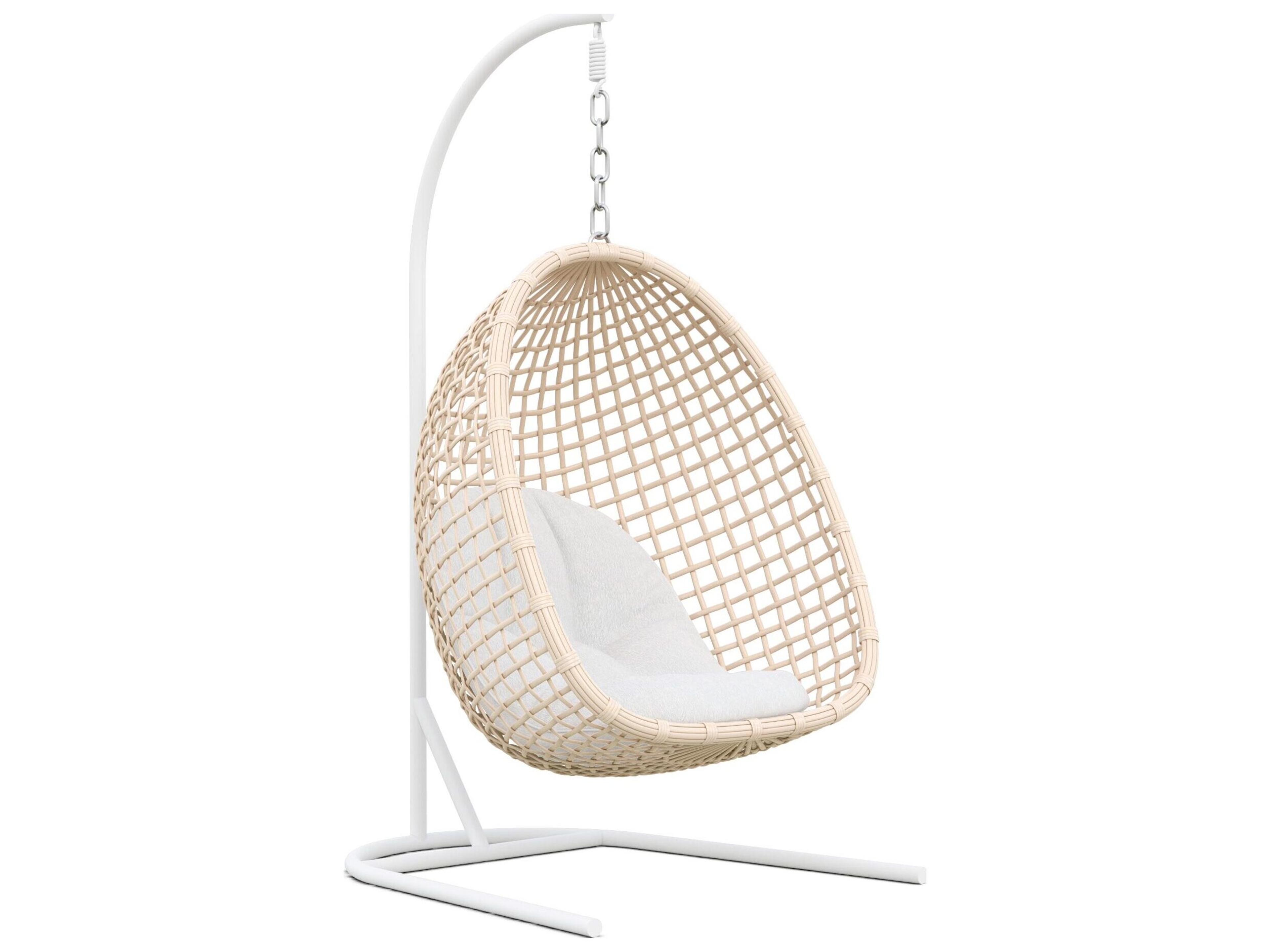 Kiawah Almond All-Weather Wicker Hanging Chair with Cloud Cushion & Stand