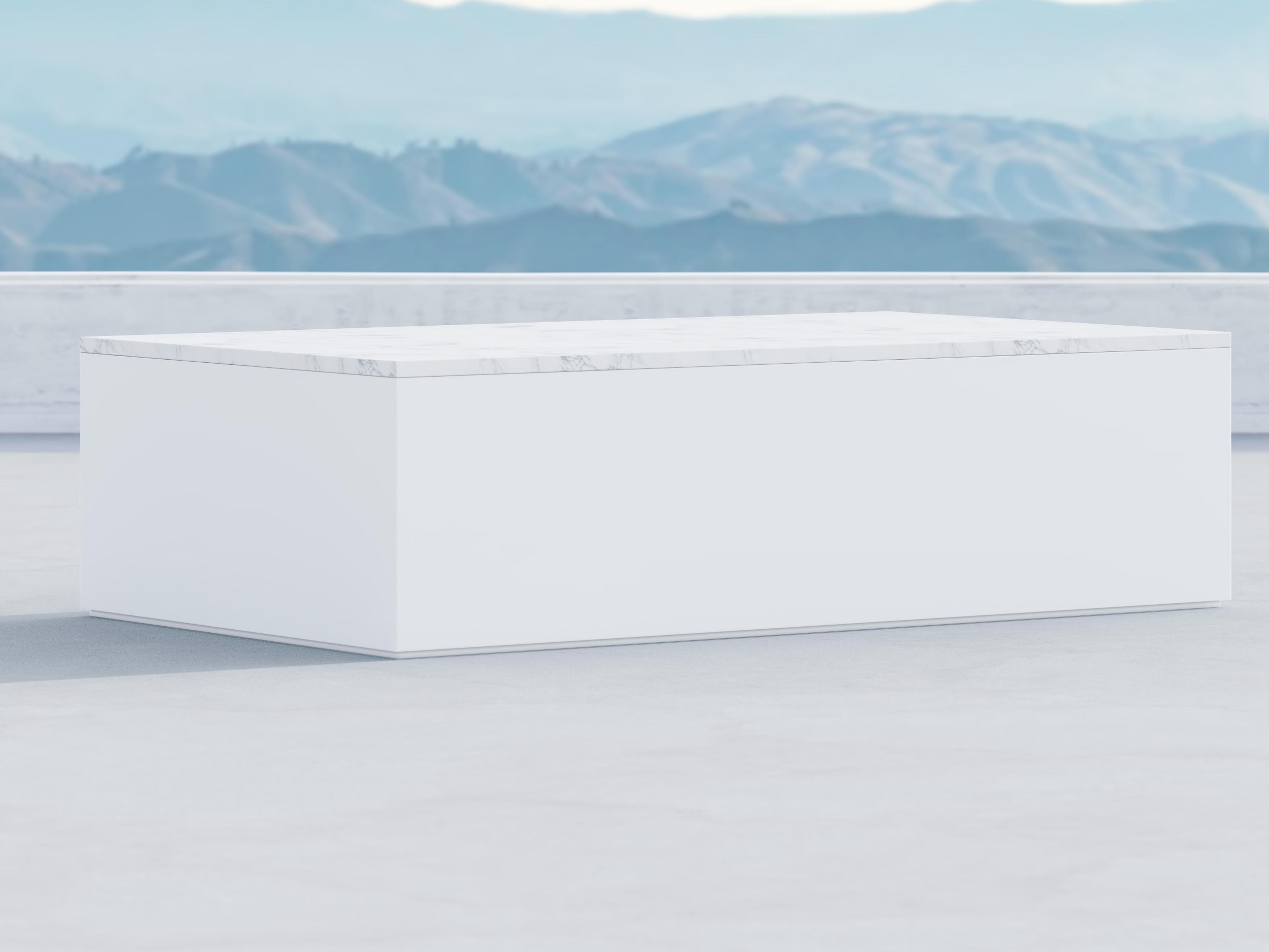 Azzurro Living Porto Matte White Aluminum Rectangular Marble Top Outdoor Patio Coffee Table