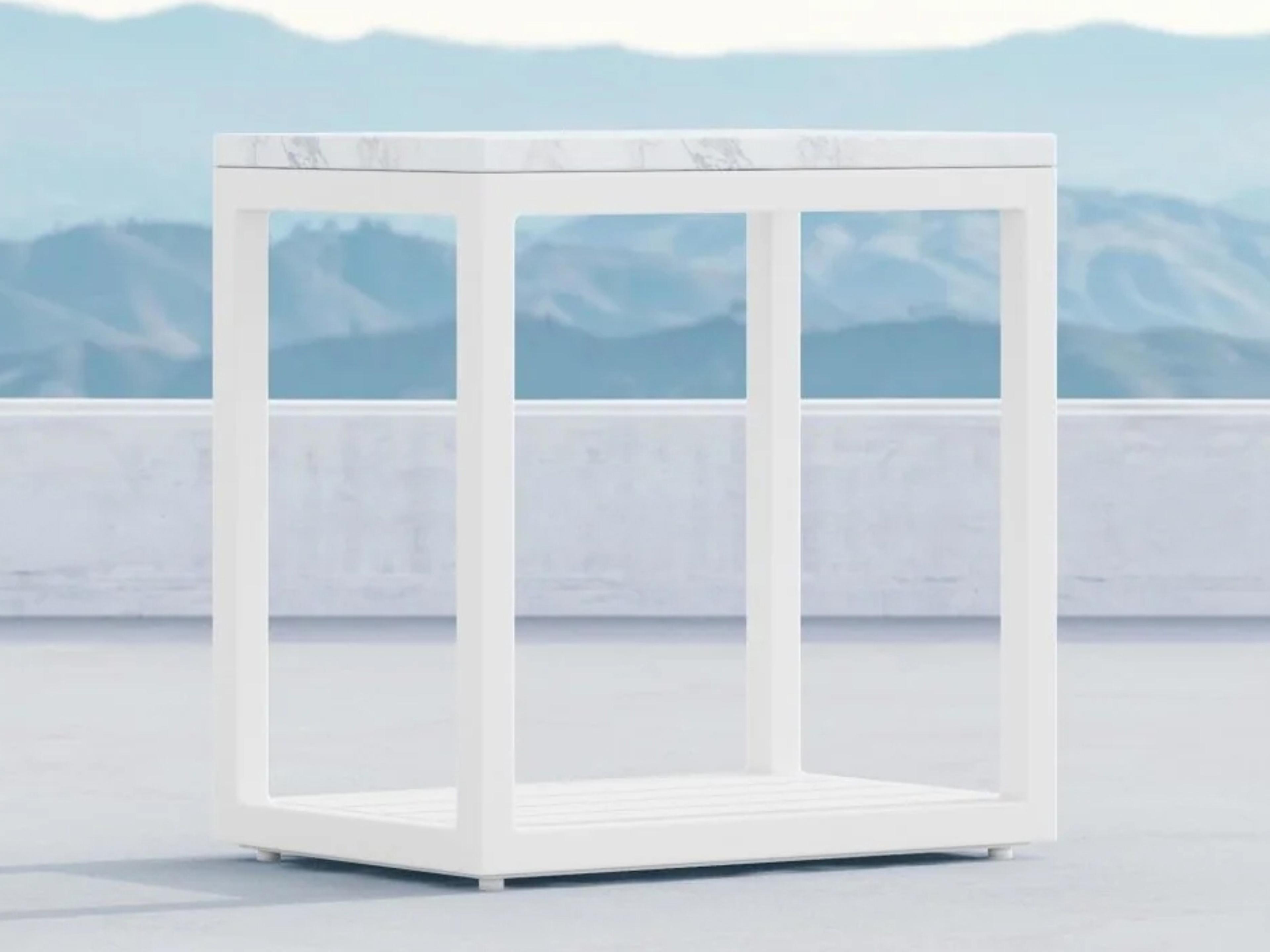 Azzurro Living Seaview Matte White Aluminum Rectangular Marble Top Outdoor Patio Side Table