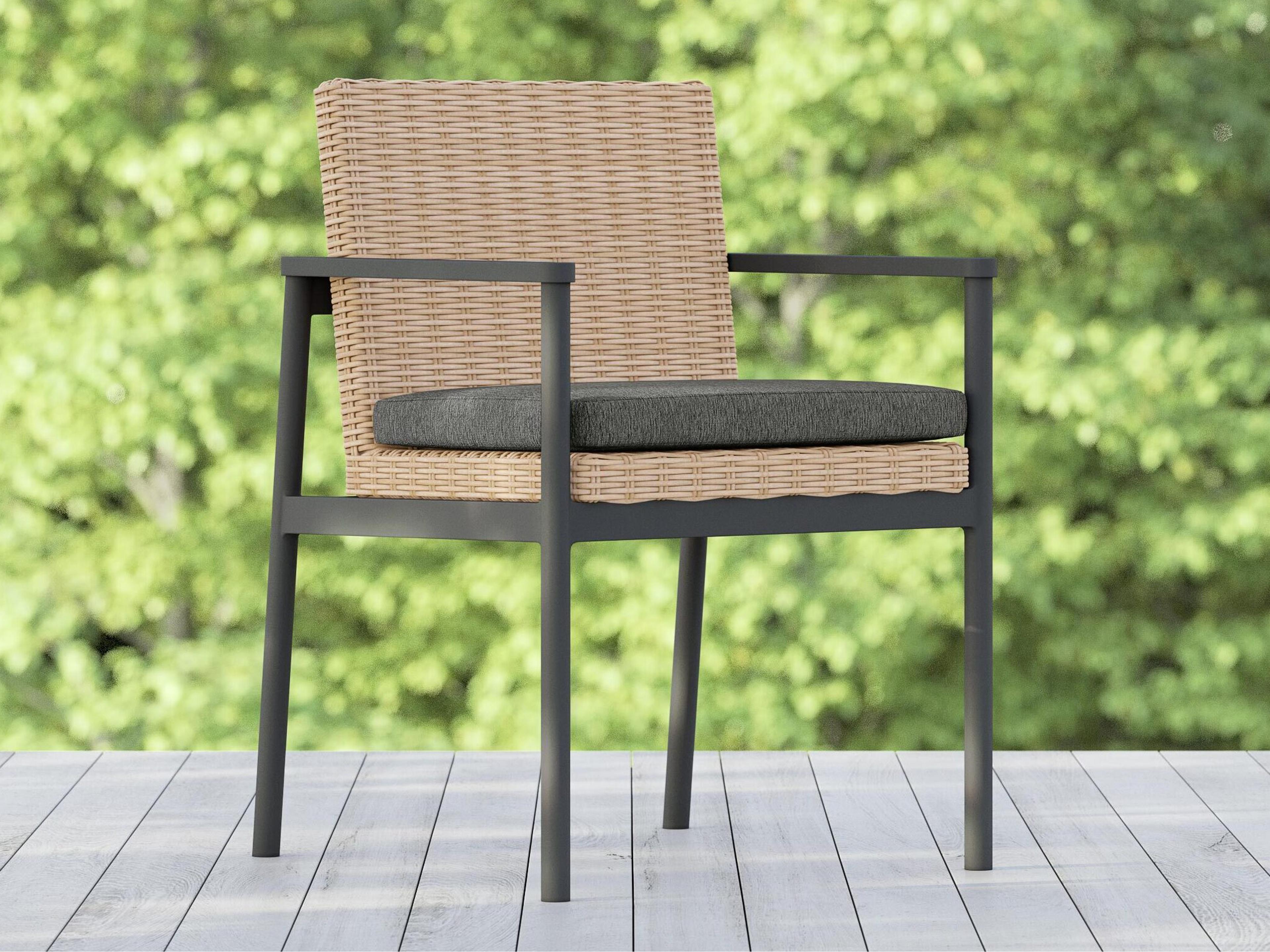 Azzurro Living Terra Natural All-Weather Wicker Outdoor Patio Dining Arm Chair with Midnight Cushion