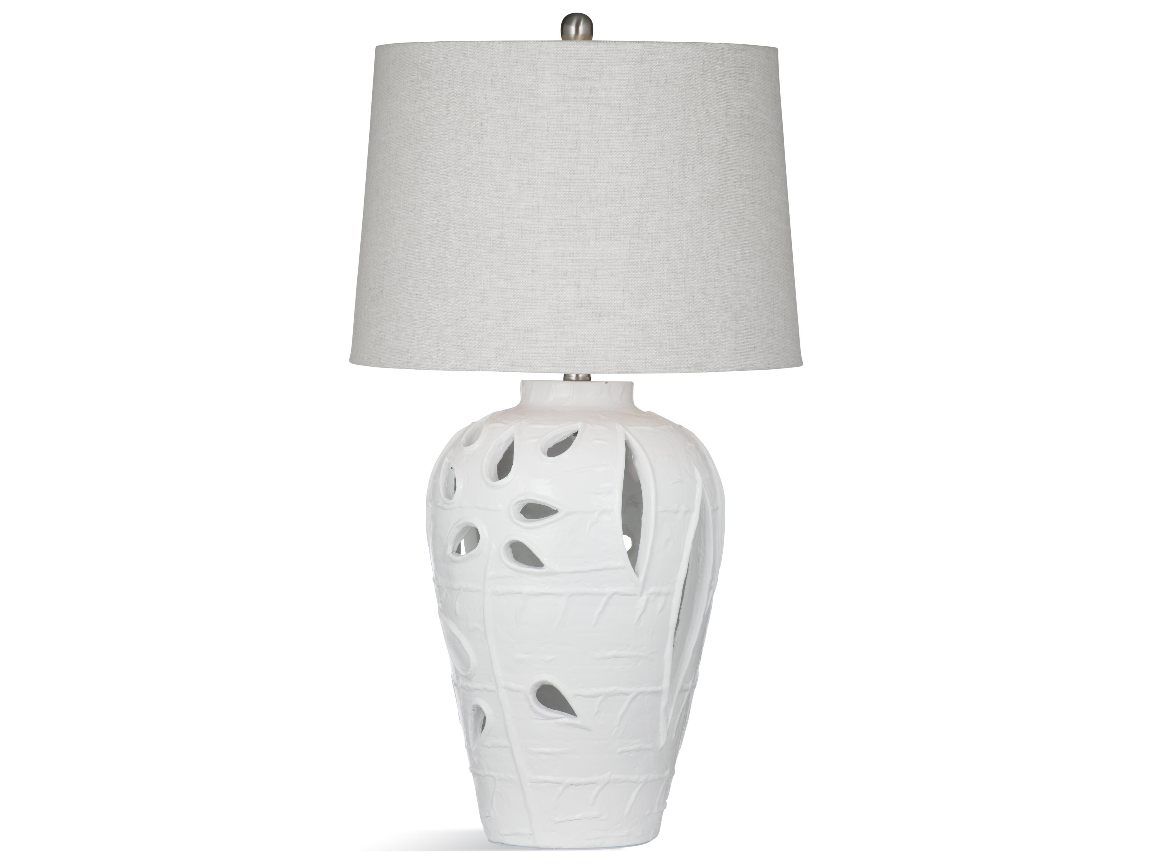 Amur White Floral Carved Table Lamp Gray Linen Shade
