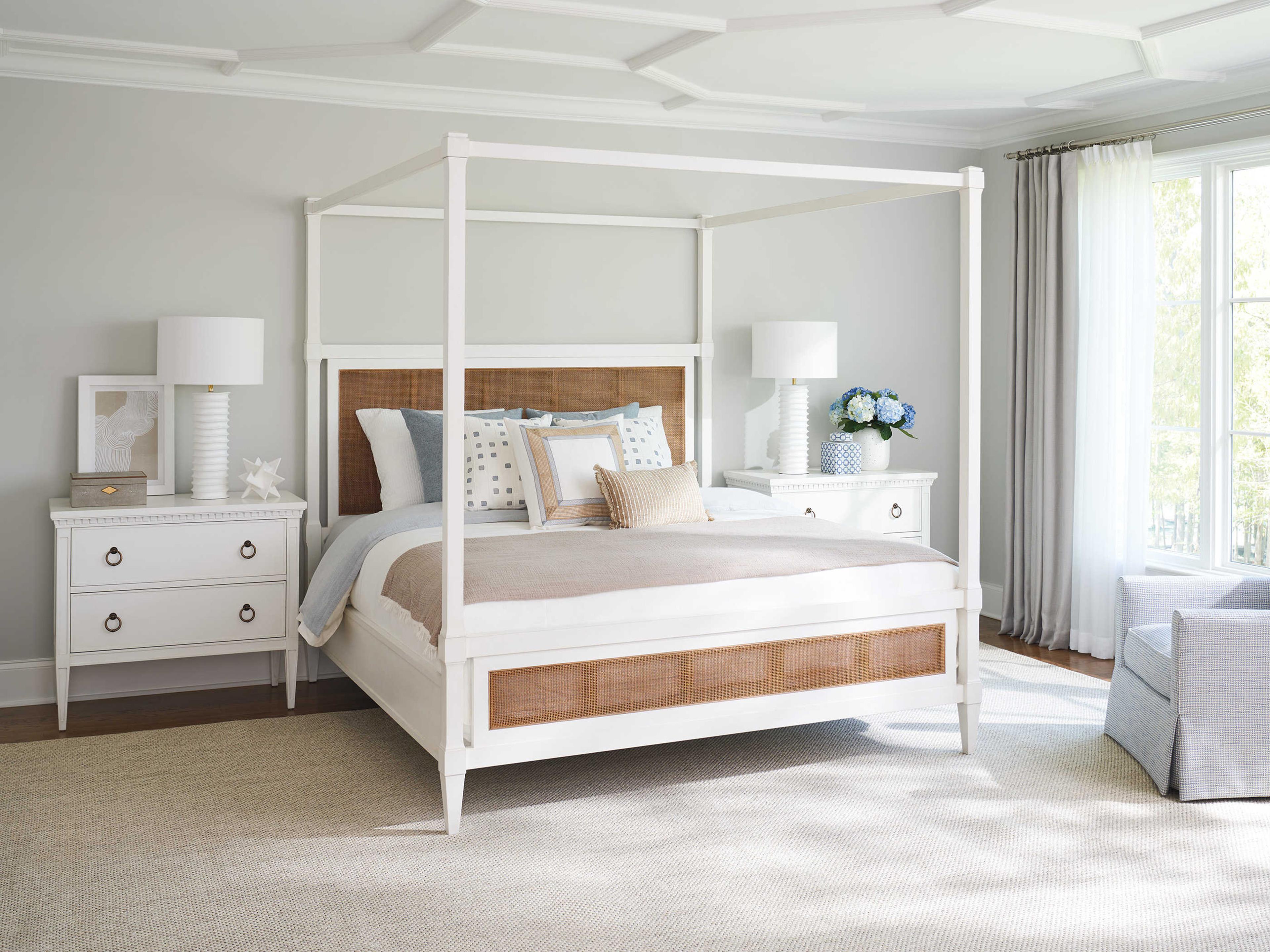 Barclay Butera Laguna Strand White Tides Brown Wood King Four Poster Bed