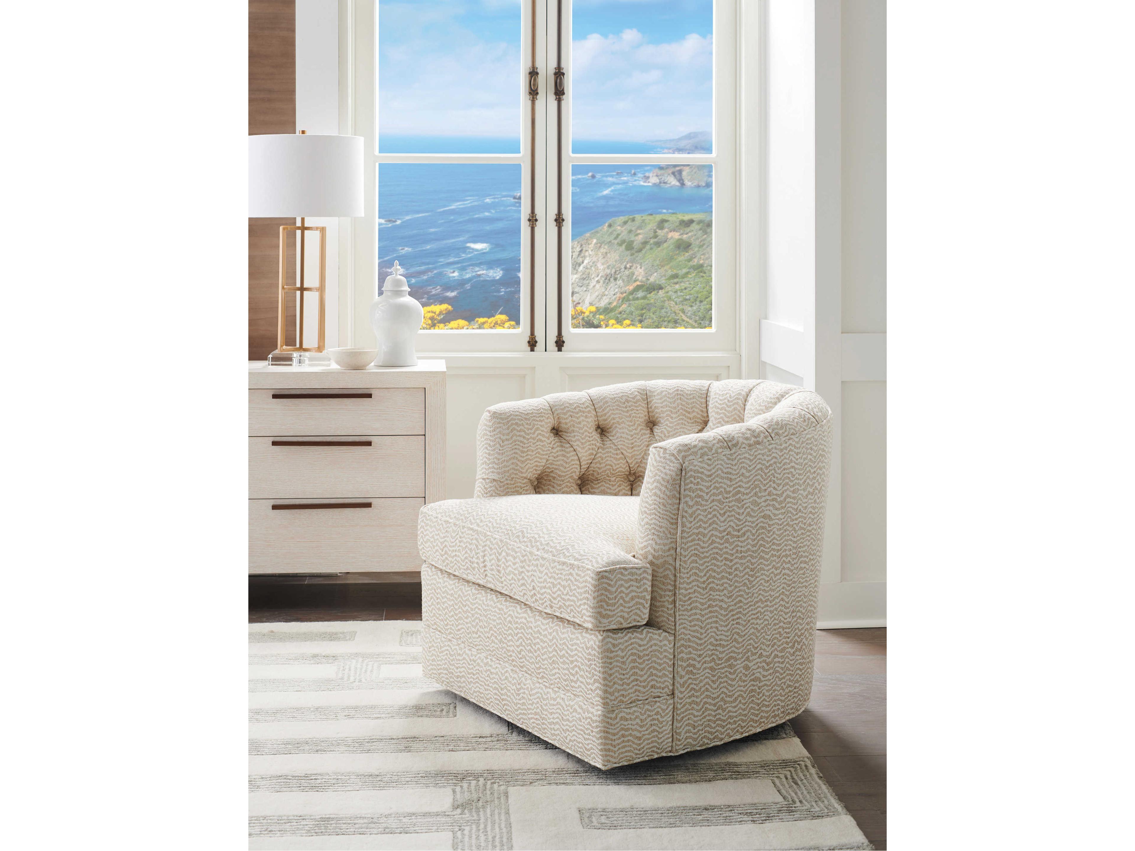 Barclay Butera Upholstery Cliffhaven Swivel Cream Fabric Tufted Accent Chair