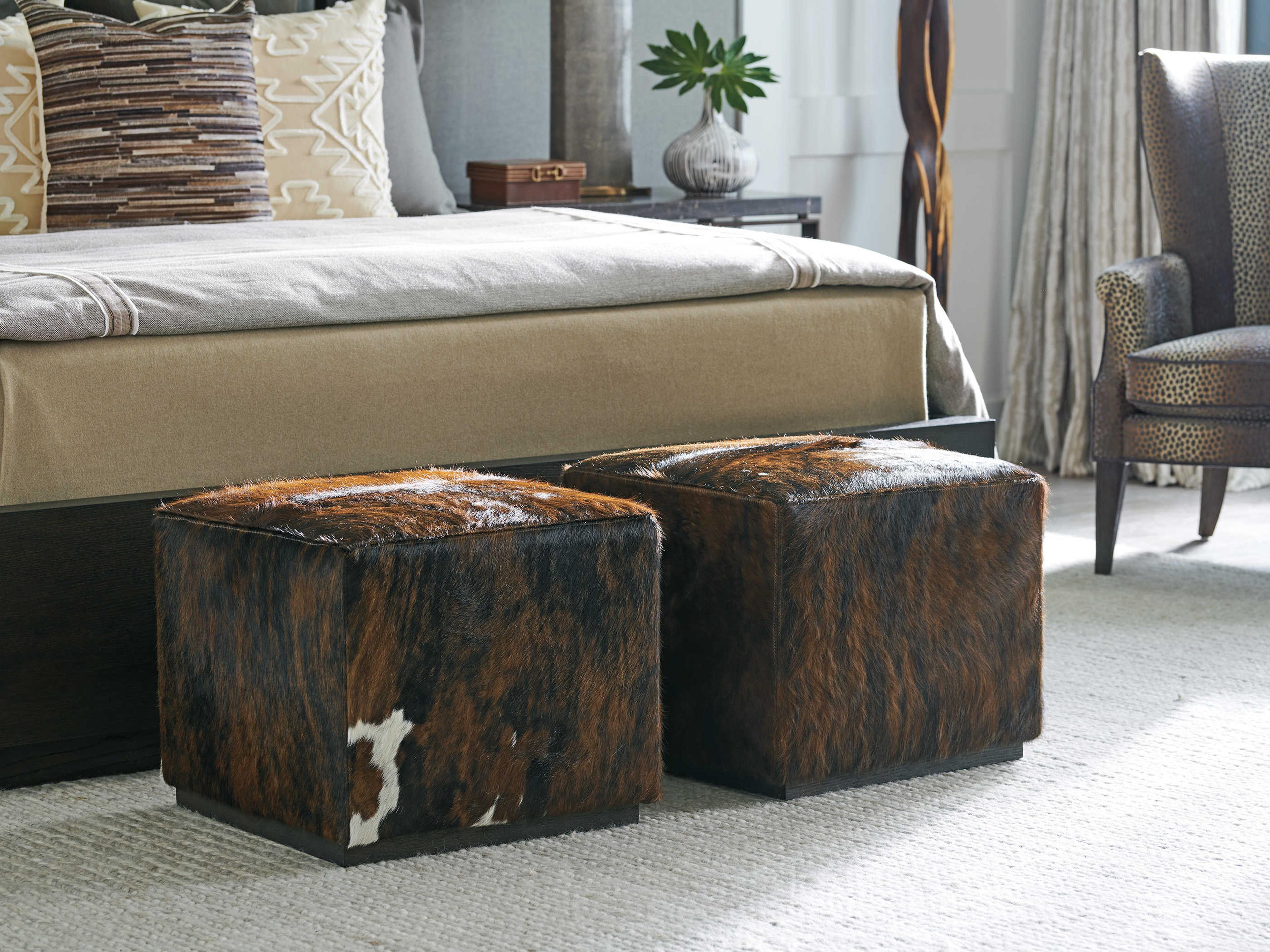 Barclay Butera Upholstery Colby Arrowleaf Brown Leather Ottoman