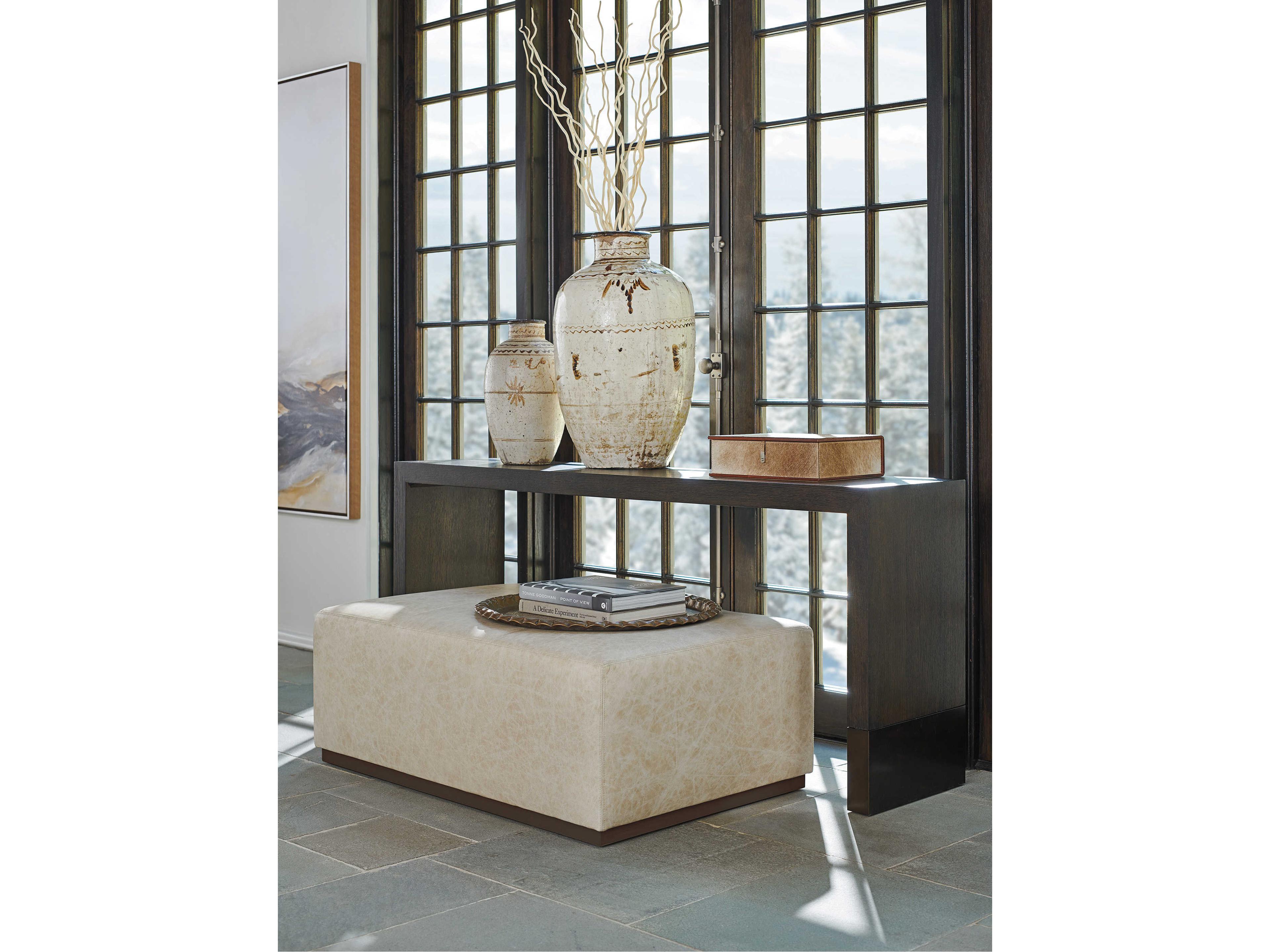 Barclay Butera Upholstery Sterling Arrowleaf Beige Leather Ottoman