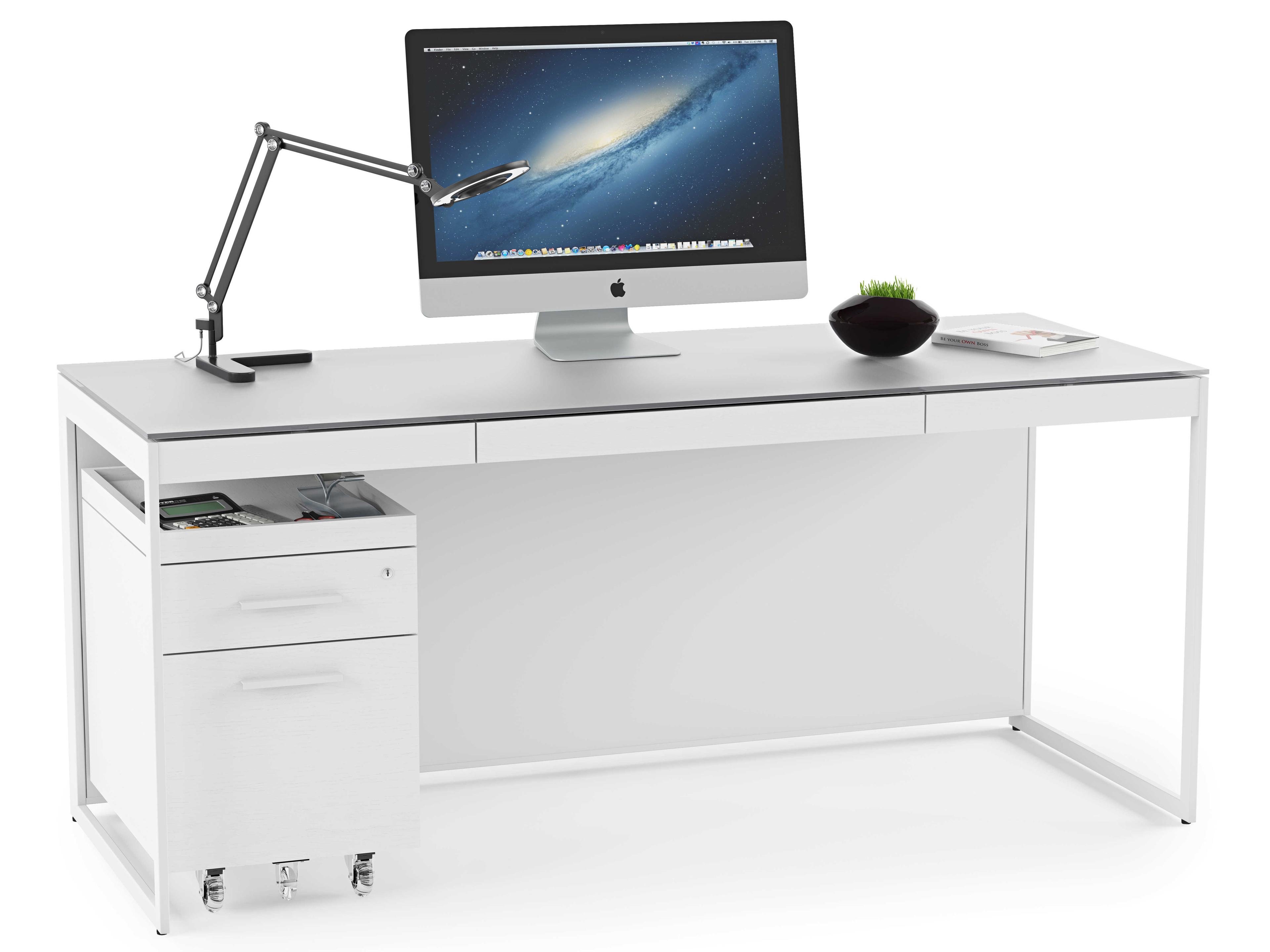 BDI Centro Satin White & Grey Etched Glass Hardwood Computer Desk