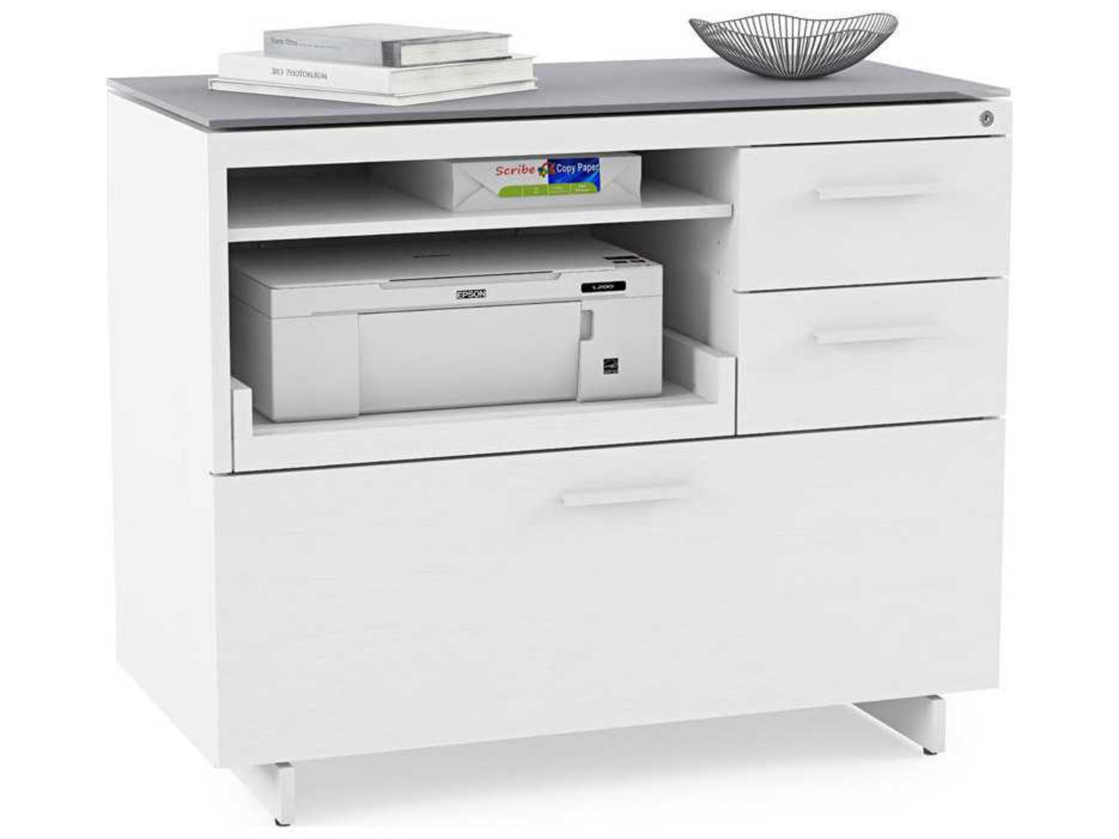 BDI Centro Satin White & Grey Etched Glass File Cabinet