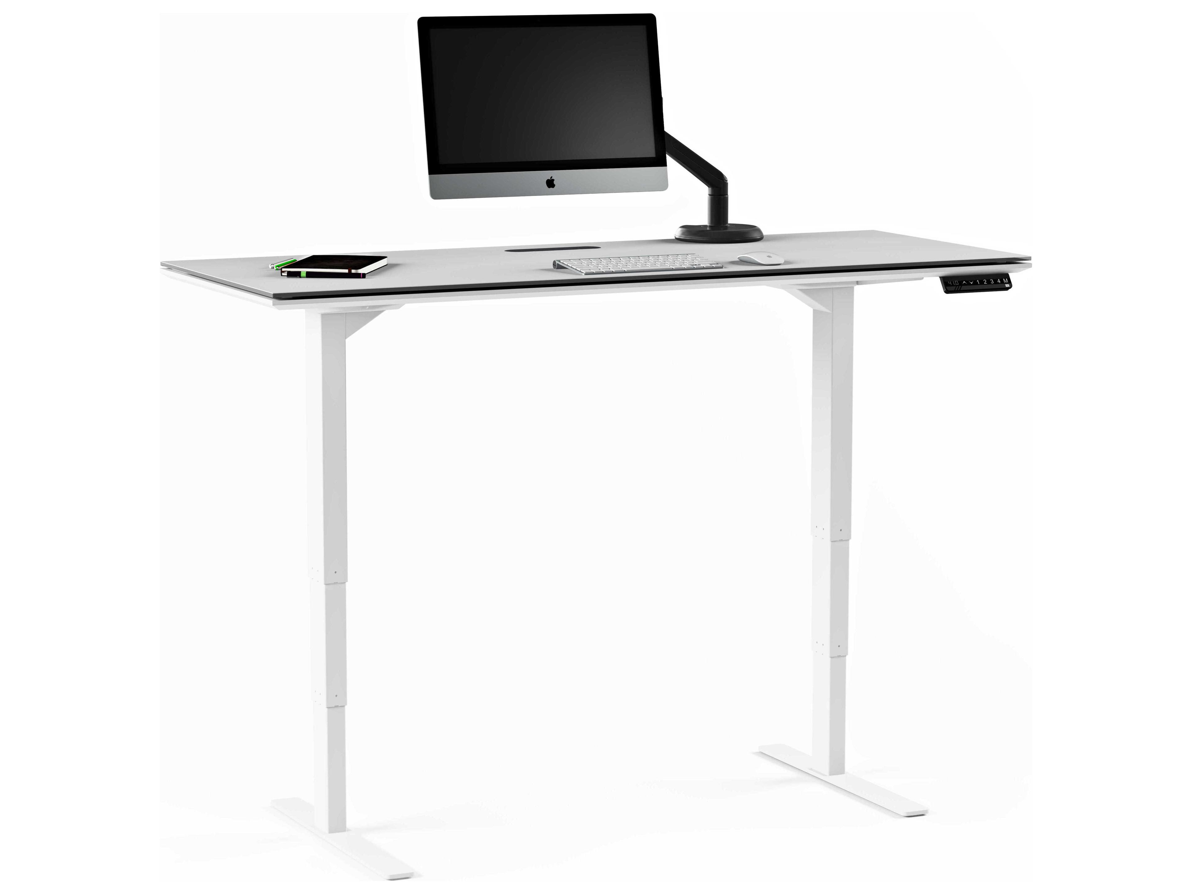 BDI Centro Height Adjustable & Standing Satin White Grey Etched Glass Desks