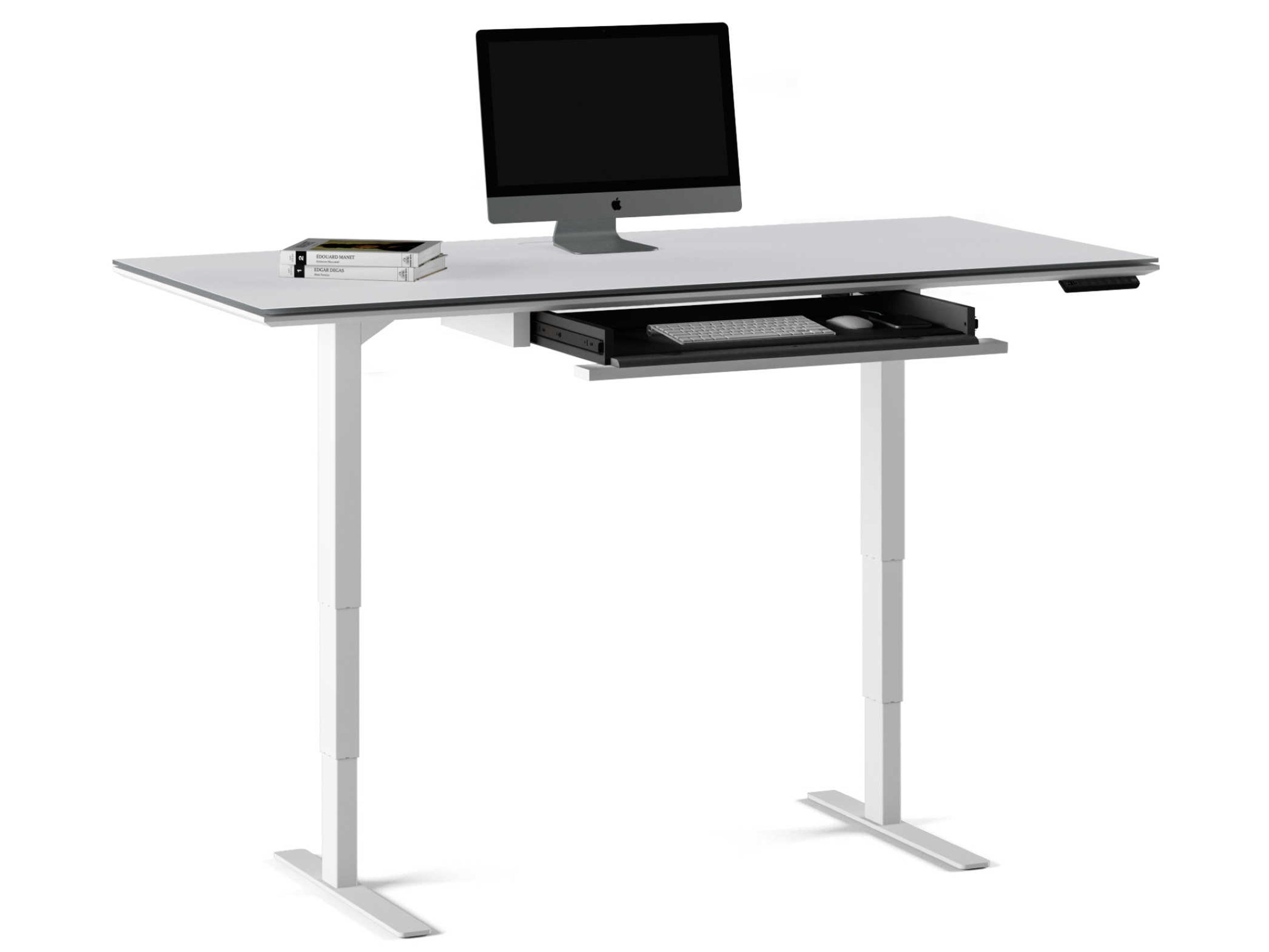 BDI Centro Height Adjustable & Standing Satin White Grey Etched Glass Desks