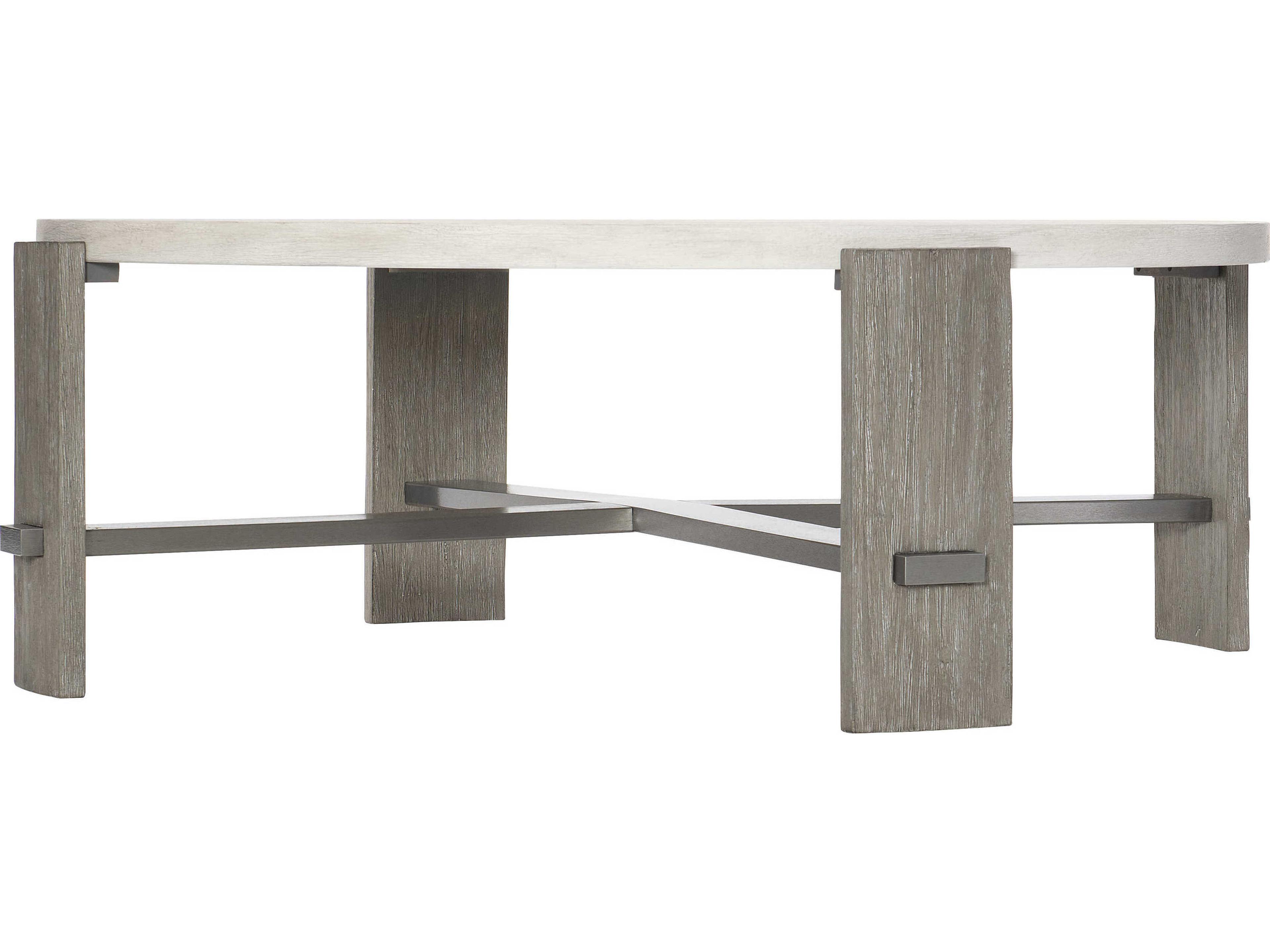 Bernhardt Foundations Round Wood Linen Light Shale Cocktail Table