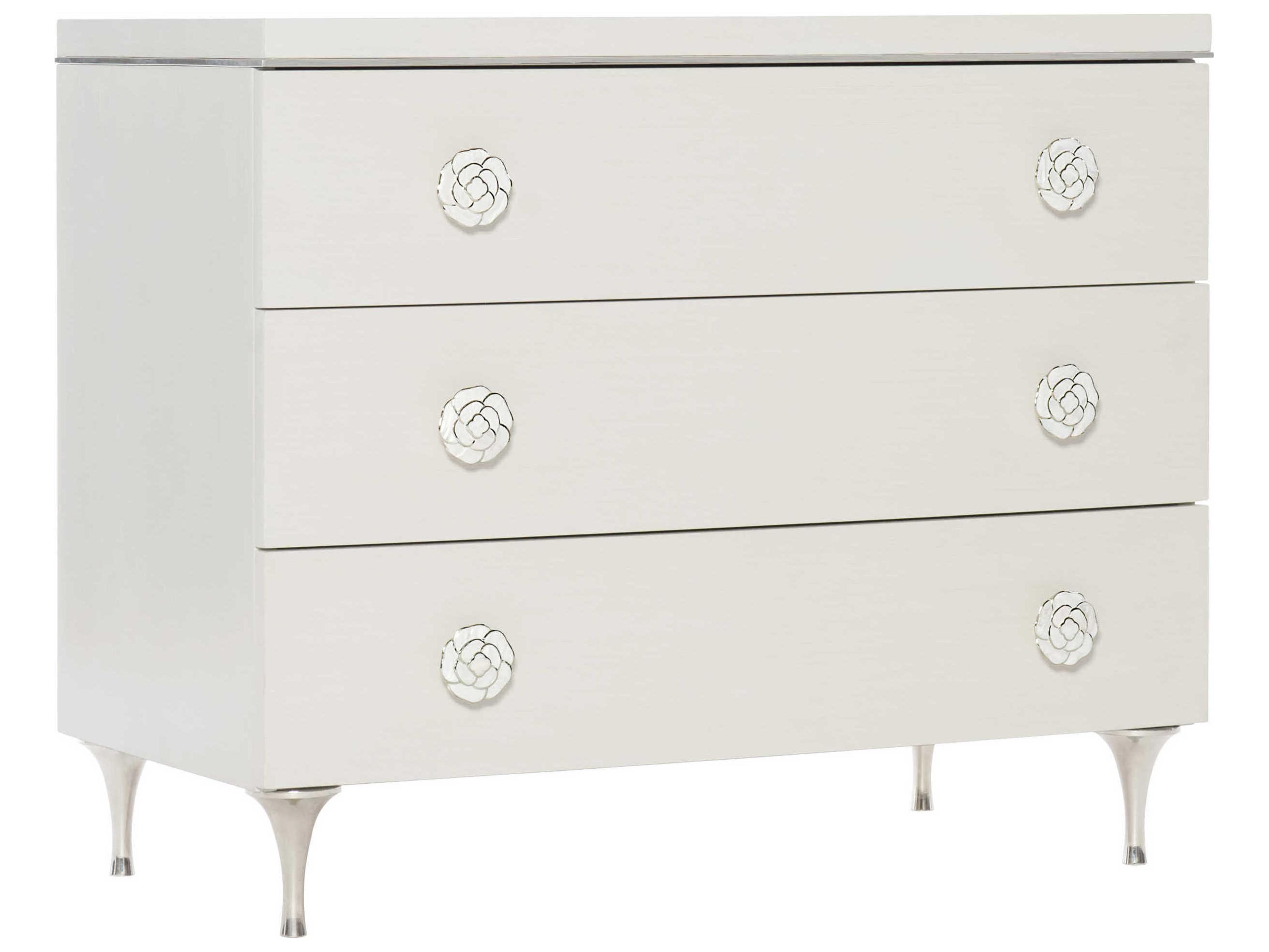 Silhouette 3-Drawer Nightstand in Eggshell Finish with Polished Stainless Steel Accents