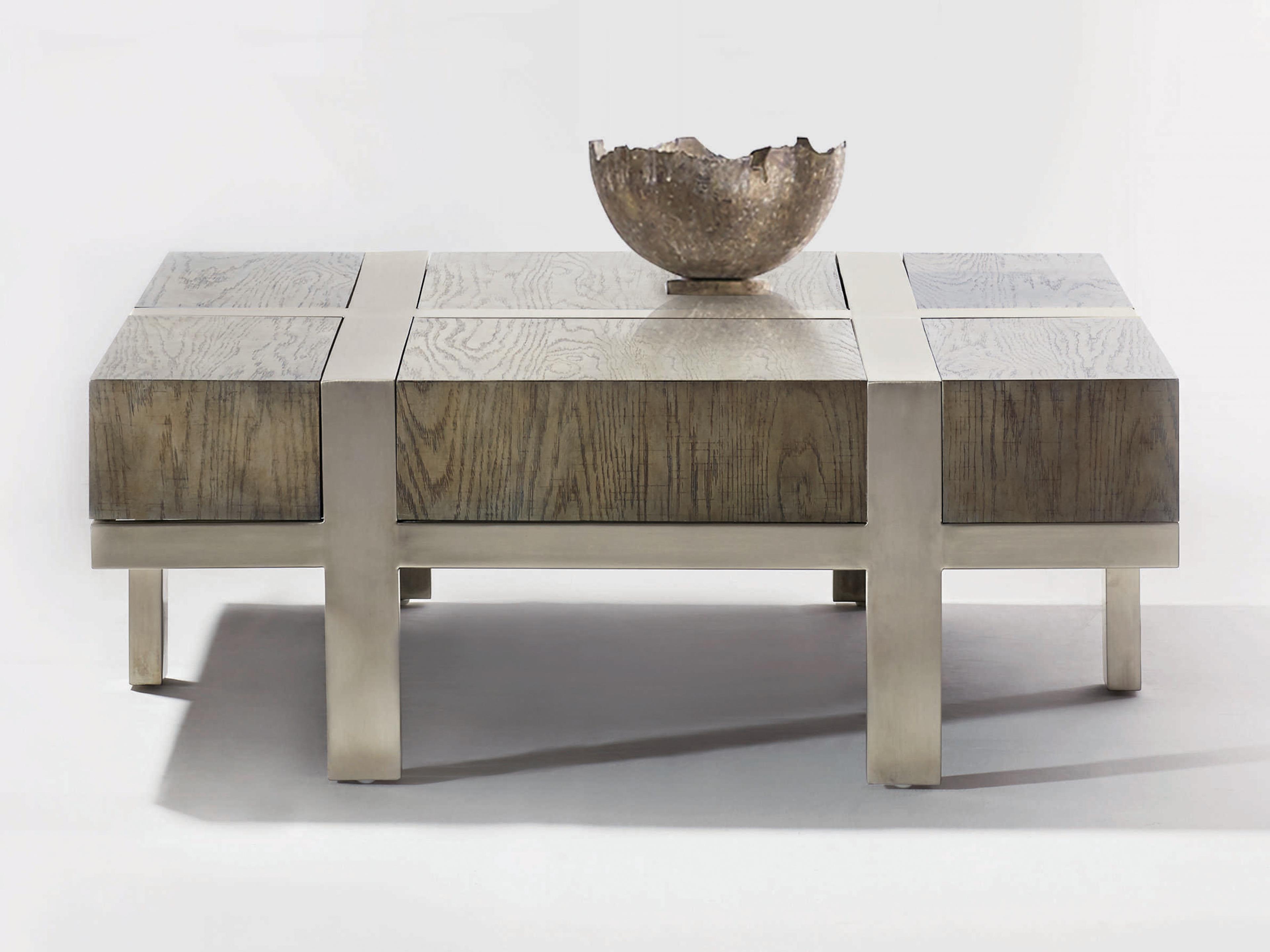 Bernhardt Interiors Casegoods Leigh Square Wood Rustic Gray Tarnished Nickel Cocktail Table