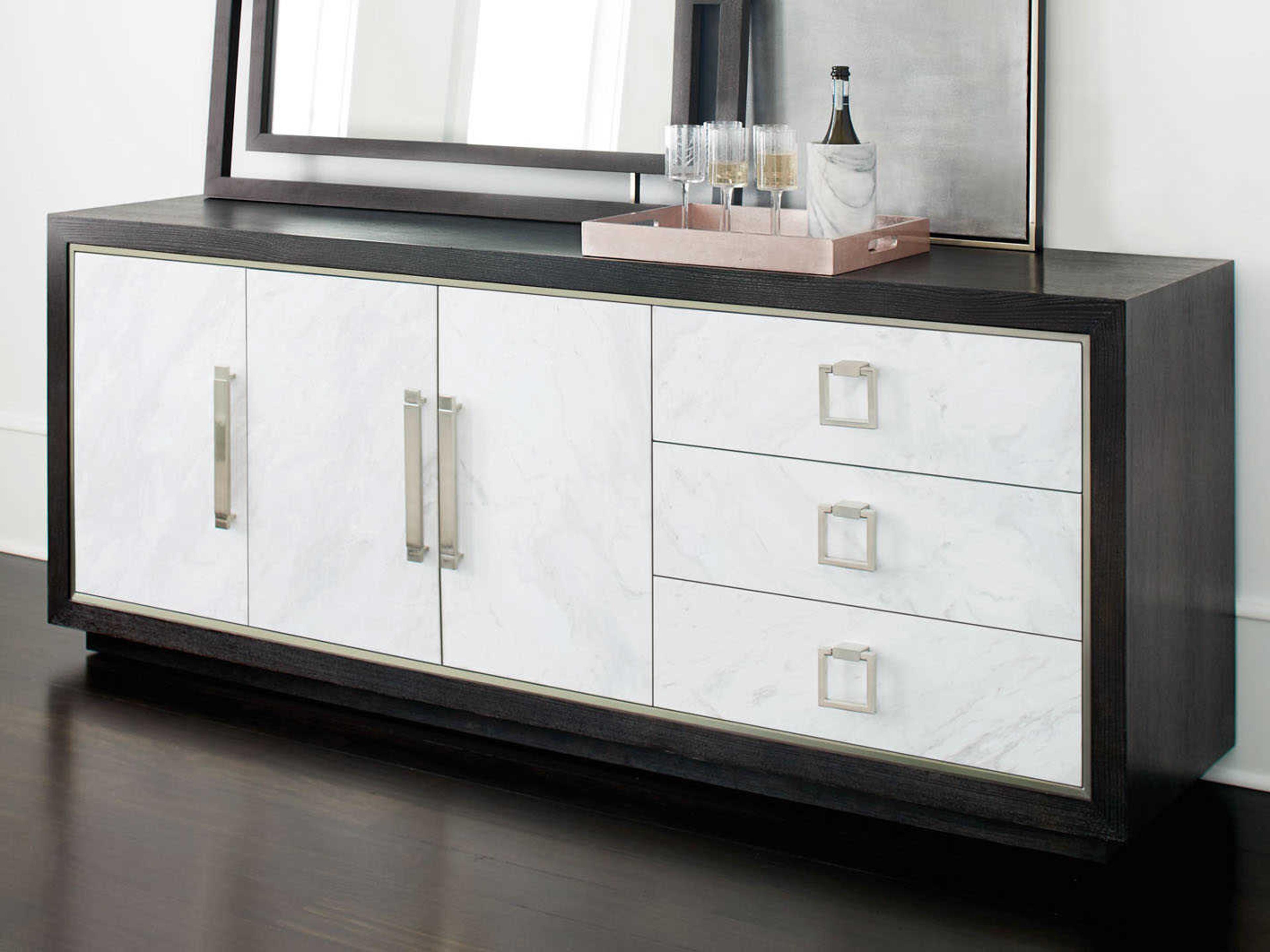 Bernhardt Decorage 84" Ash Wood Cerused Mink Silver Mist Snowflake Marble Laminate Buffet