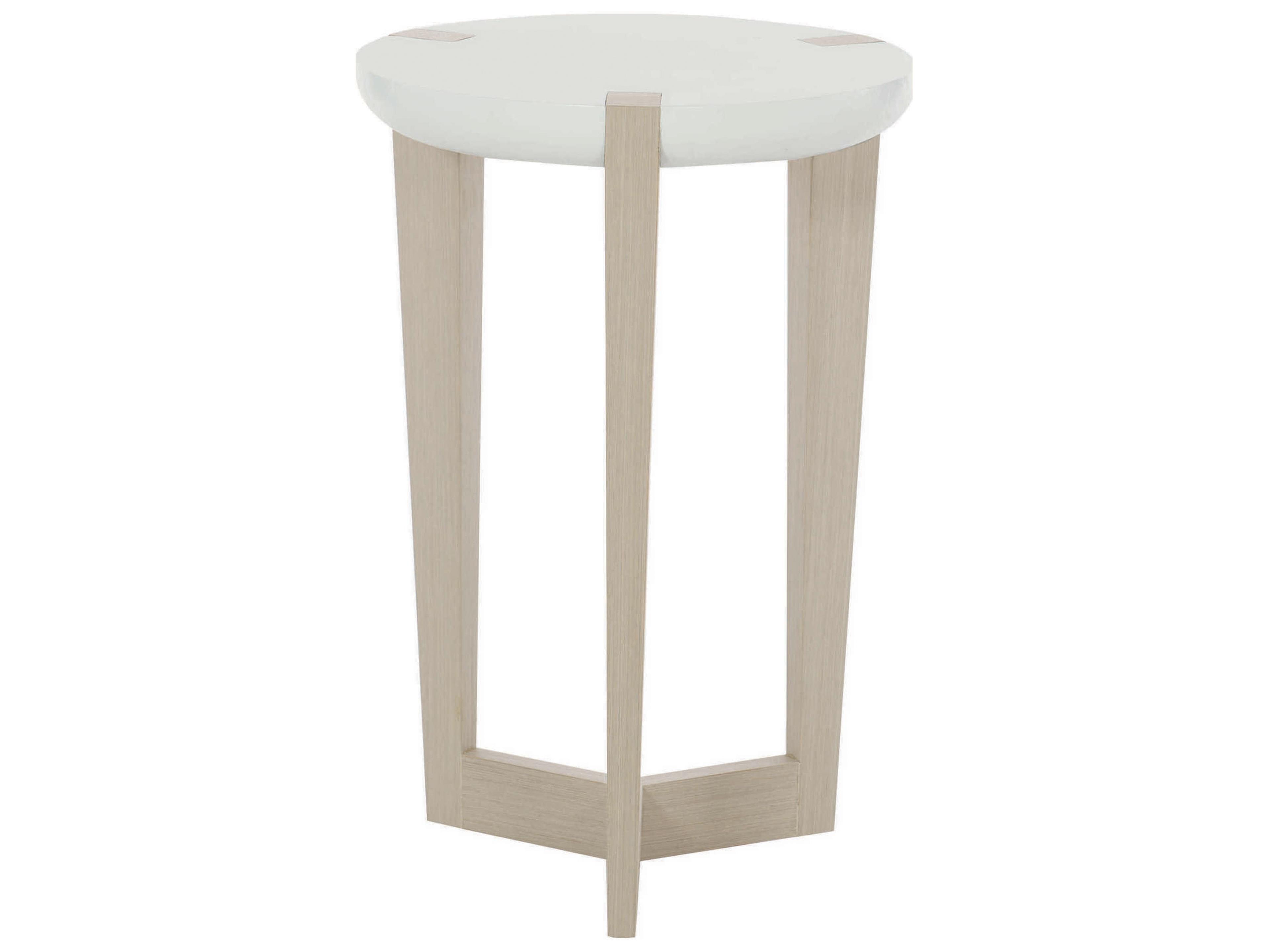 Bernhardt Axiom Round Wood Linear Gray White Linen Plaster Chairside Table