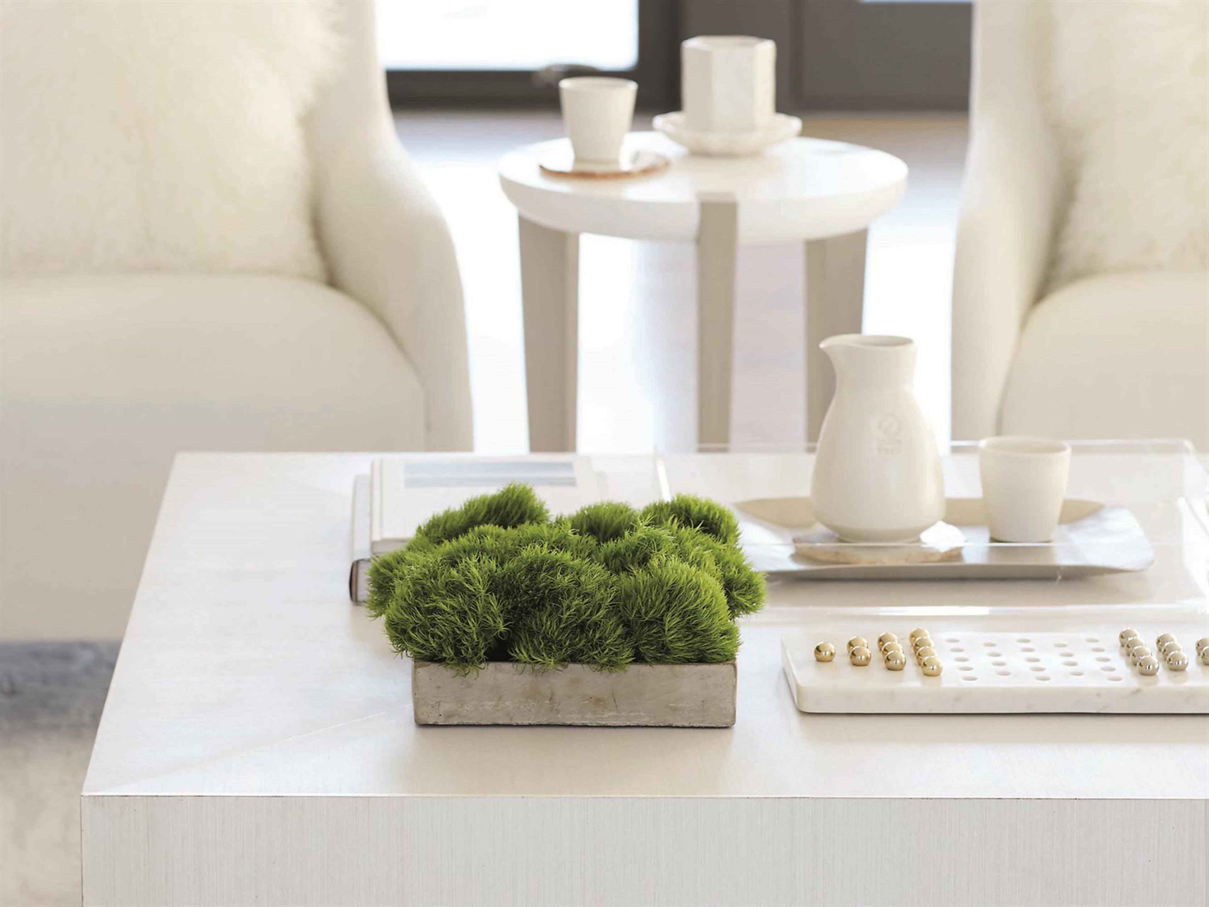 Bernhardt Axiom Round Wood Linear Gray White Linen Plaster Chairside Table