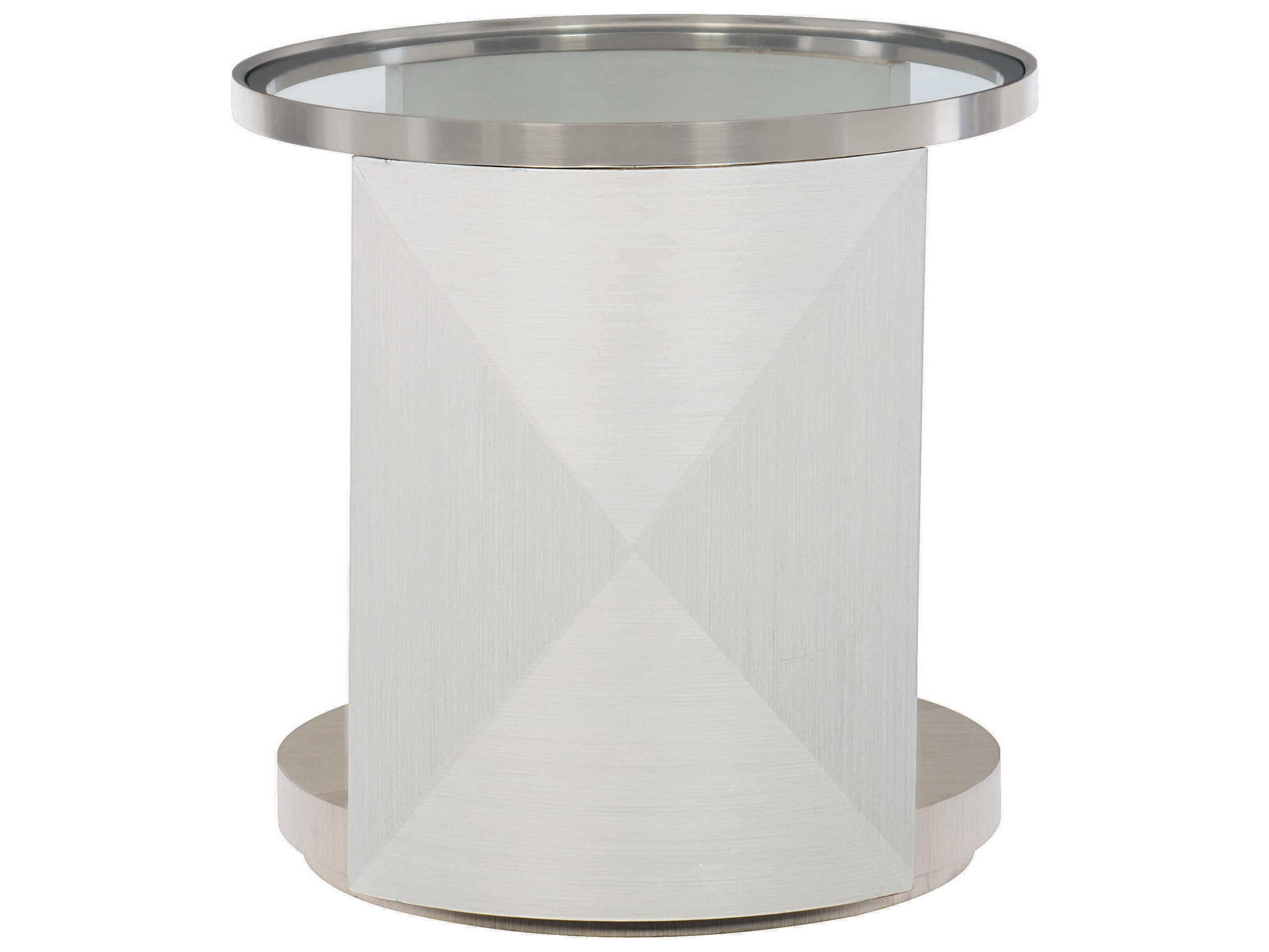 Bernhardt Axiom Round Glass Linear Gray White Brushed Silver Chairside Table