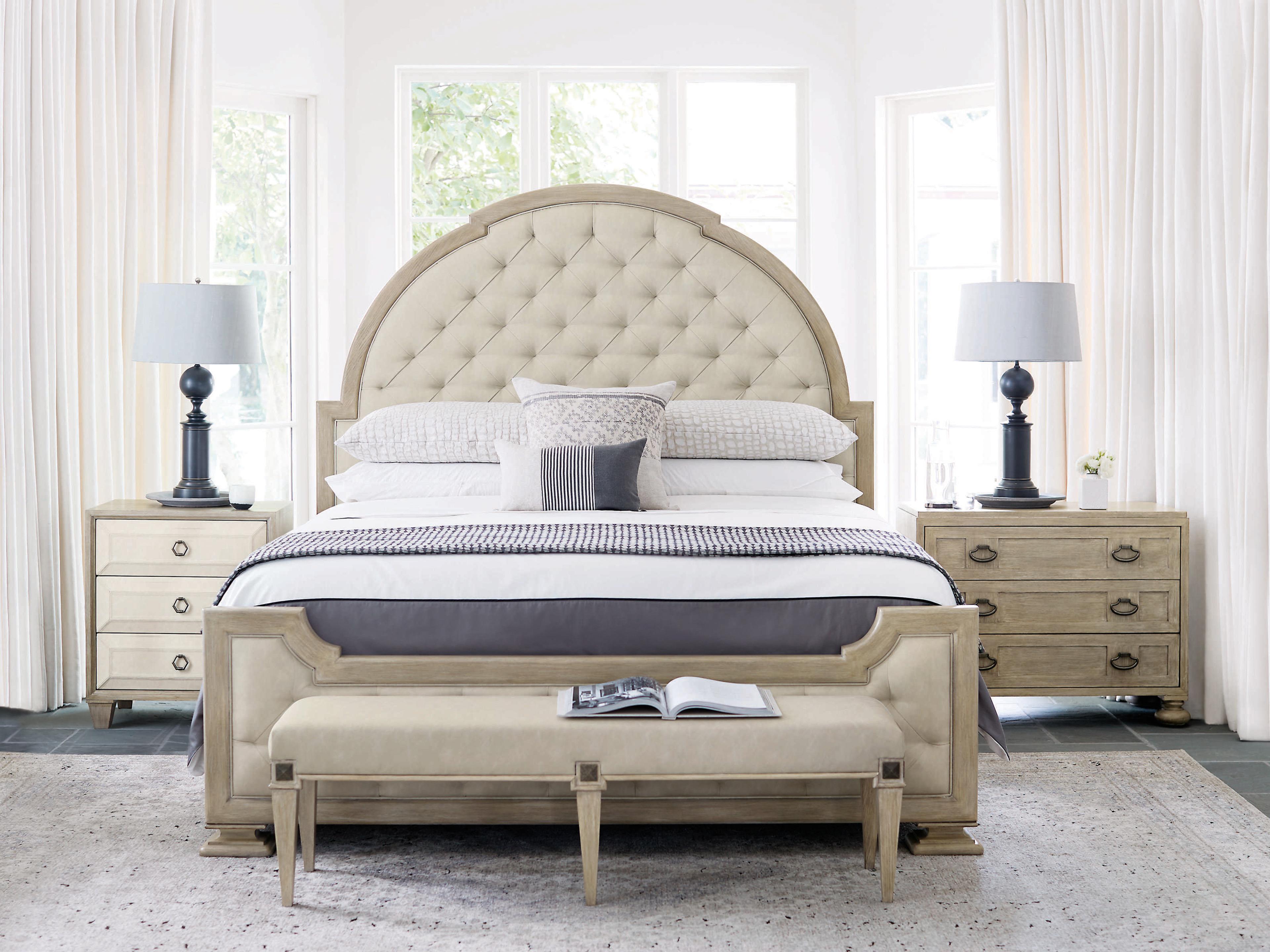 Bernhardt Santa Barbara Sandstone Vintage Nickel Metal Beige Upholstered Accent Bench