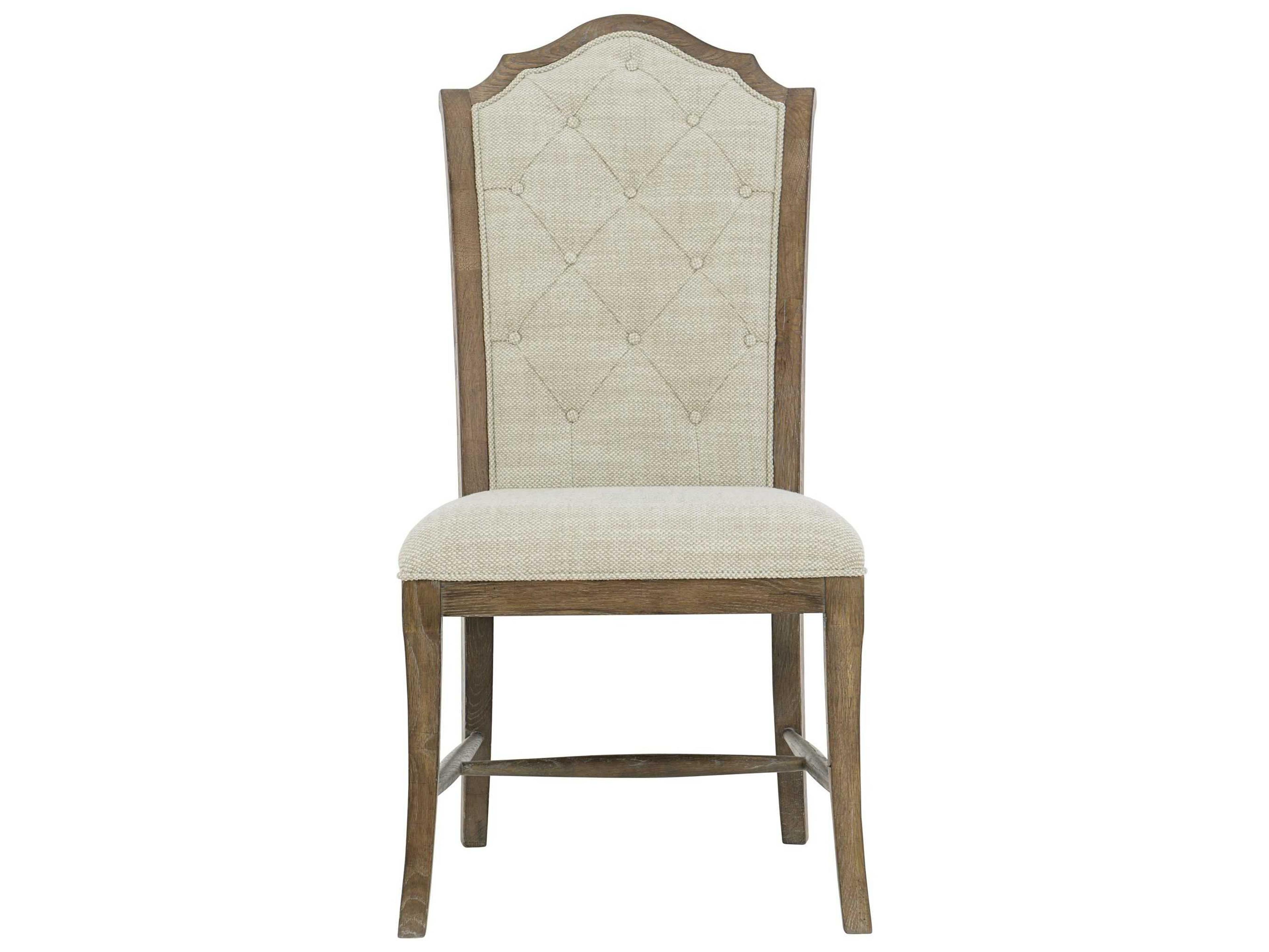 Bernhardt Rustic Patina Tufted Oak Wood Beige Upholstered Side Dining Chair