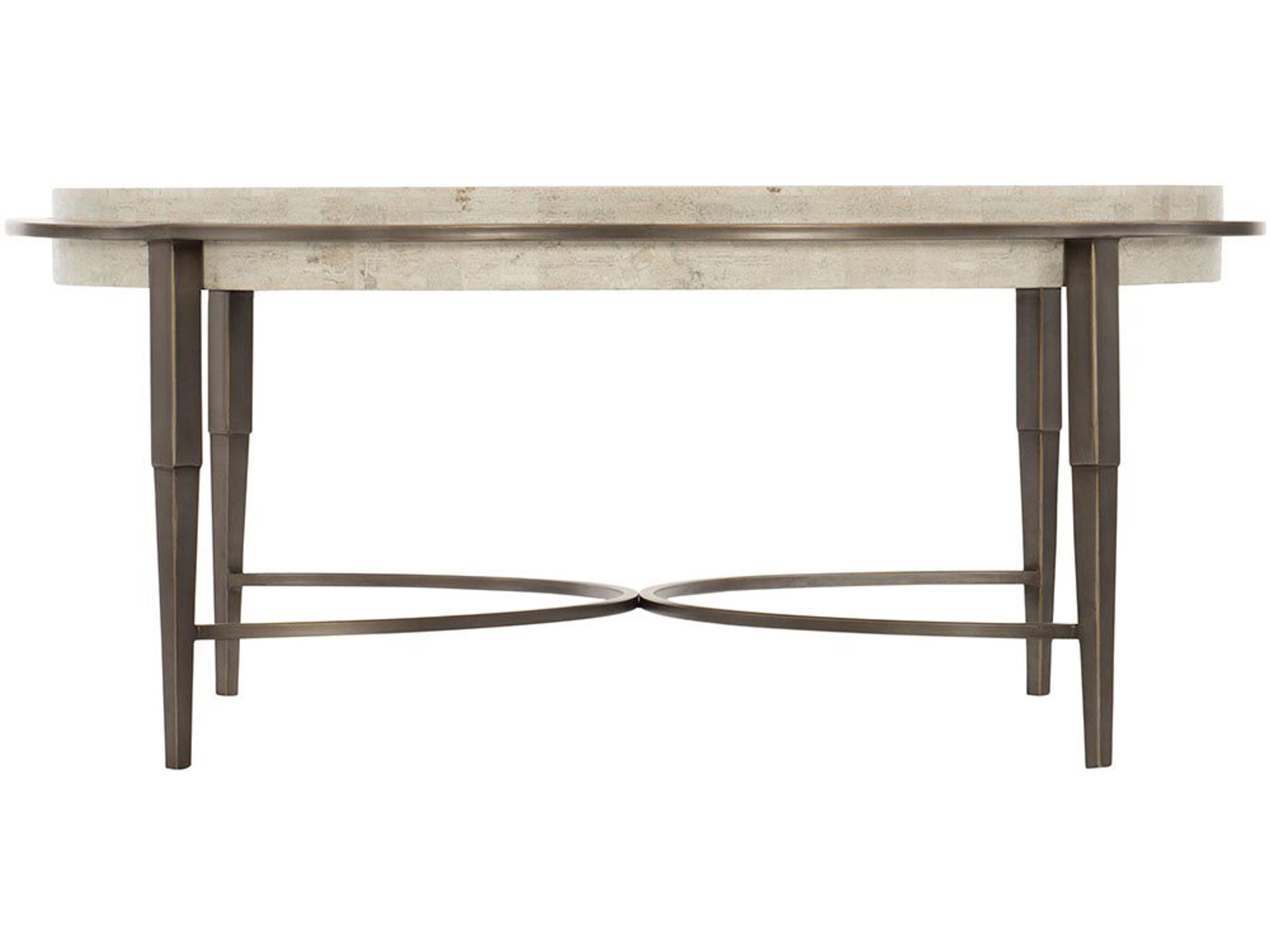 Bernhardt Barclay Round White Travertine Stone Antique Pewter Cocktail Table
