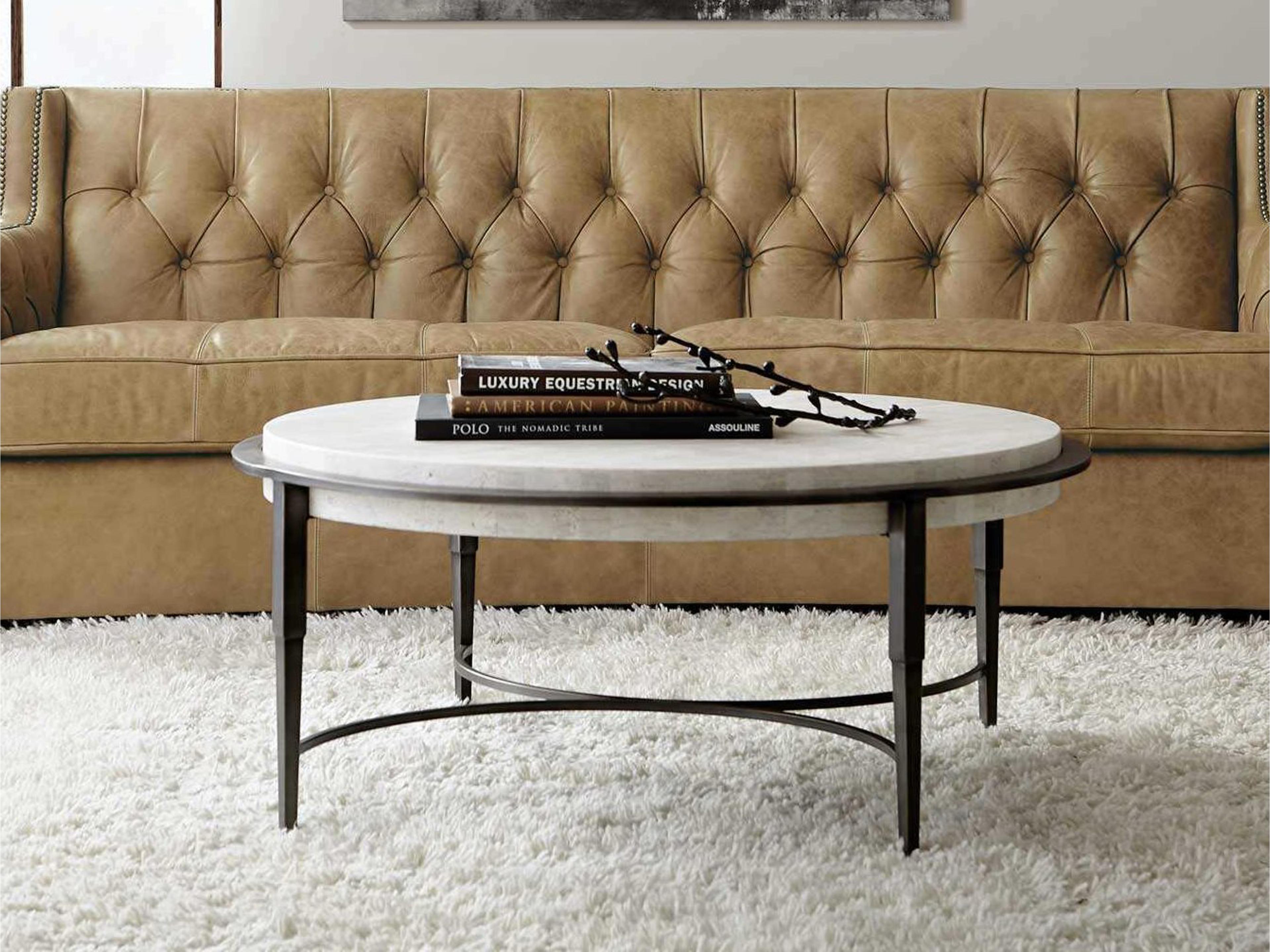 Bernhardt Barclay Round White Travertine Stone Antique Pewter Cocktail Table