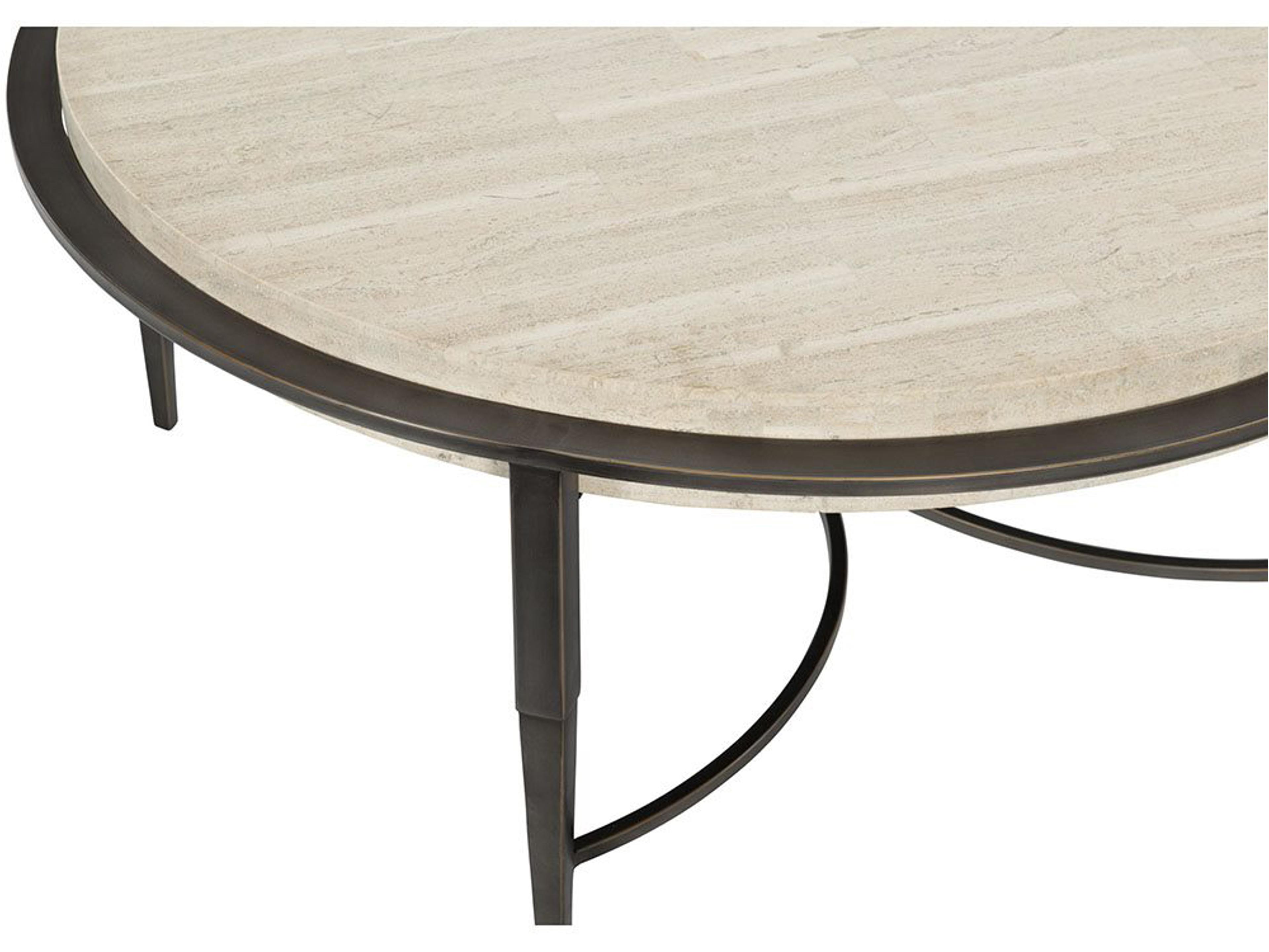 Bernhardt Barclay Round White Travertine Stone Antique Pewter Cocktail Table
