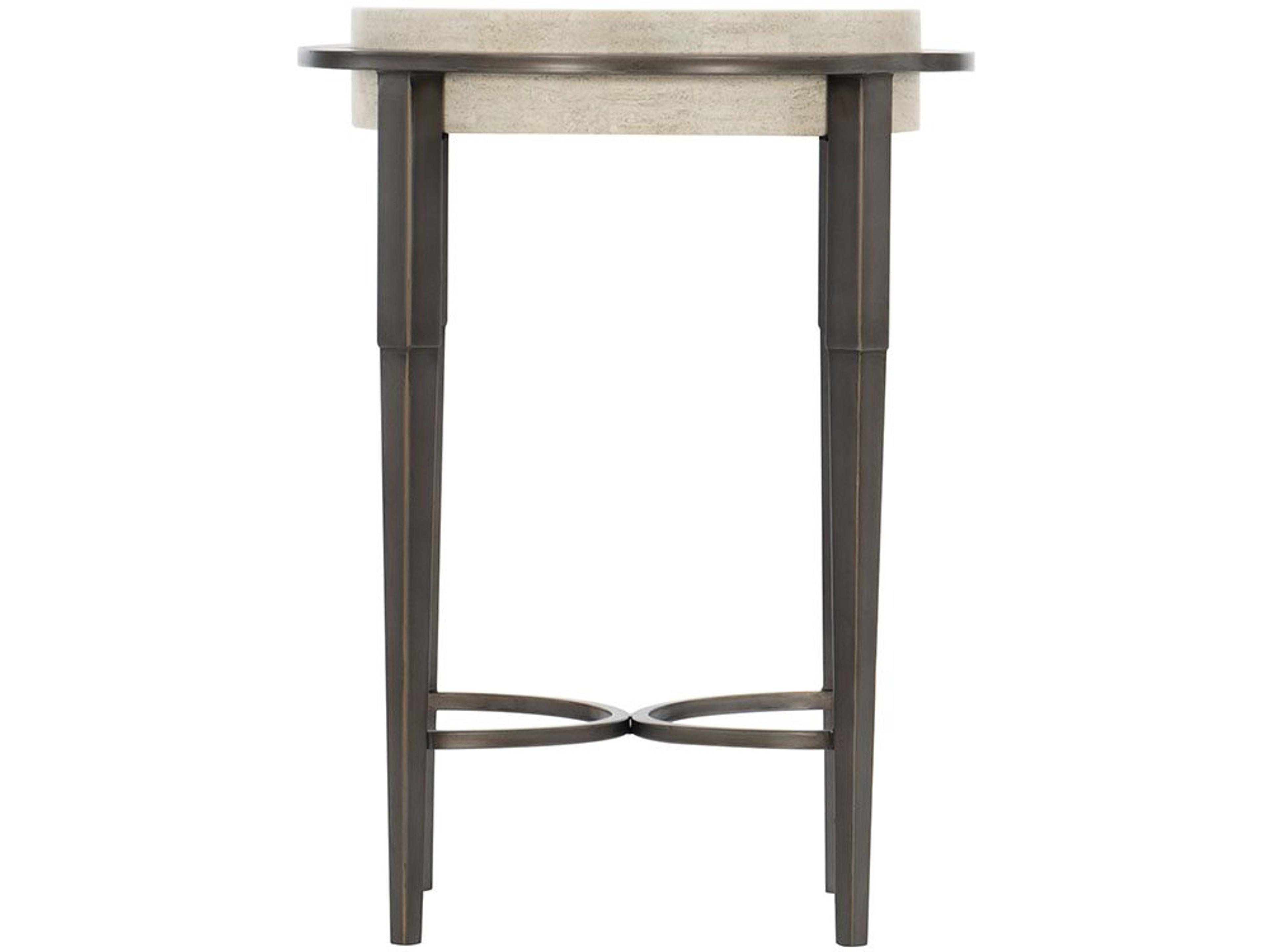 Bernhardt Barclay Round White Travertine Stone Antique Pewter Accent Table