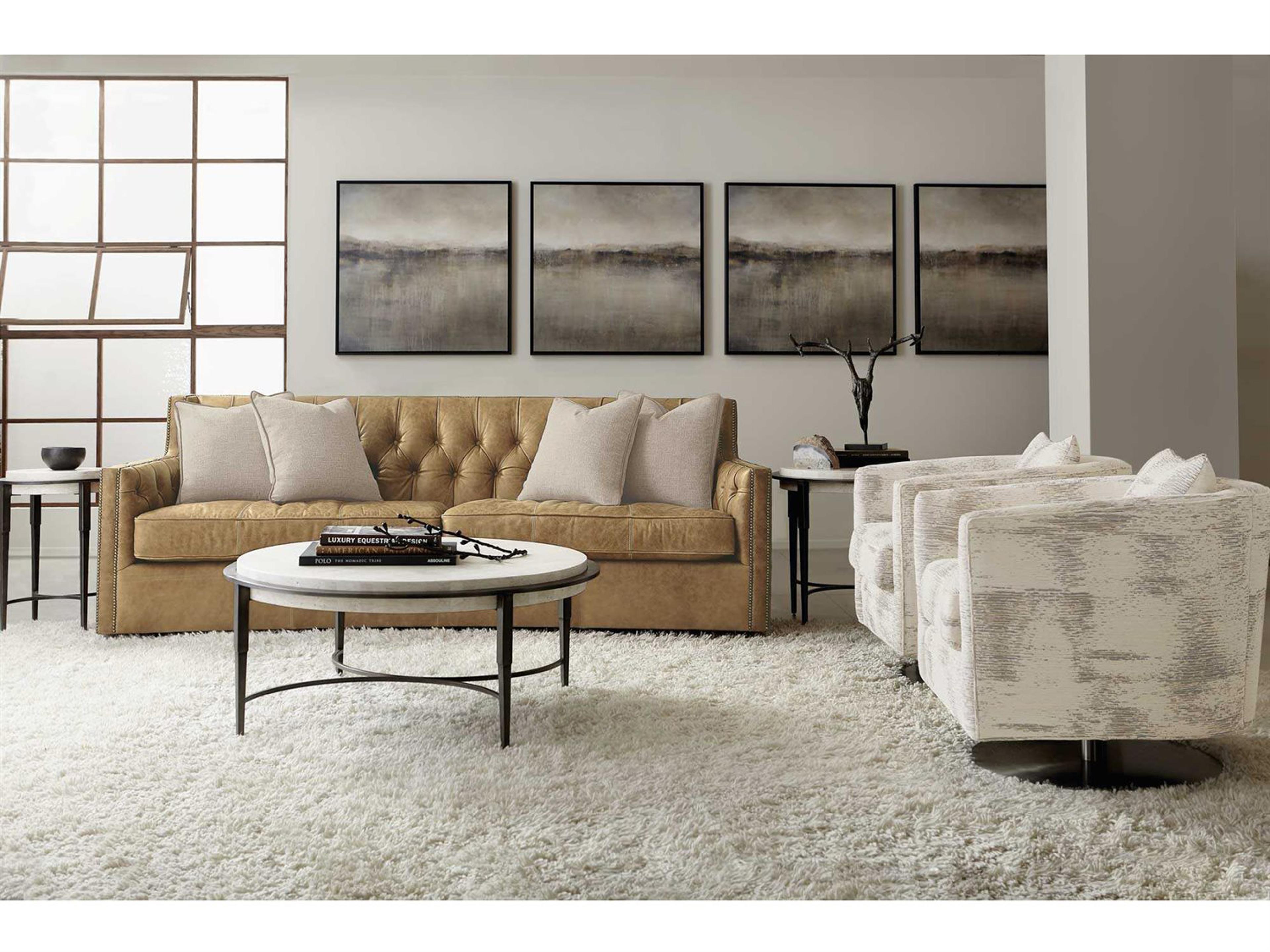 Bernhardt Barclay Round White Travertine Stone Antique Pewter Accent Table