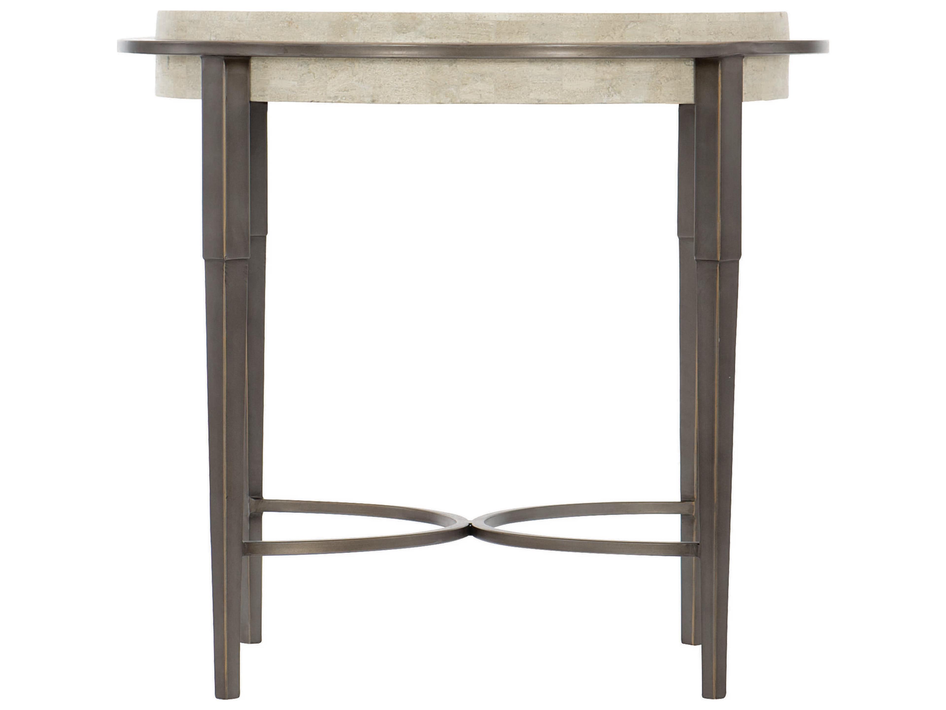 Round White Travertine Stone Antique Pewter End Table
