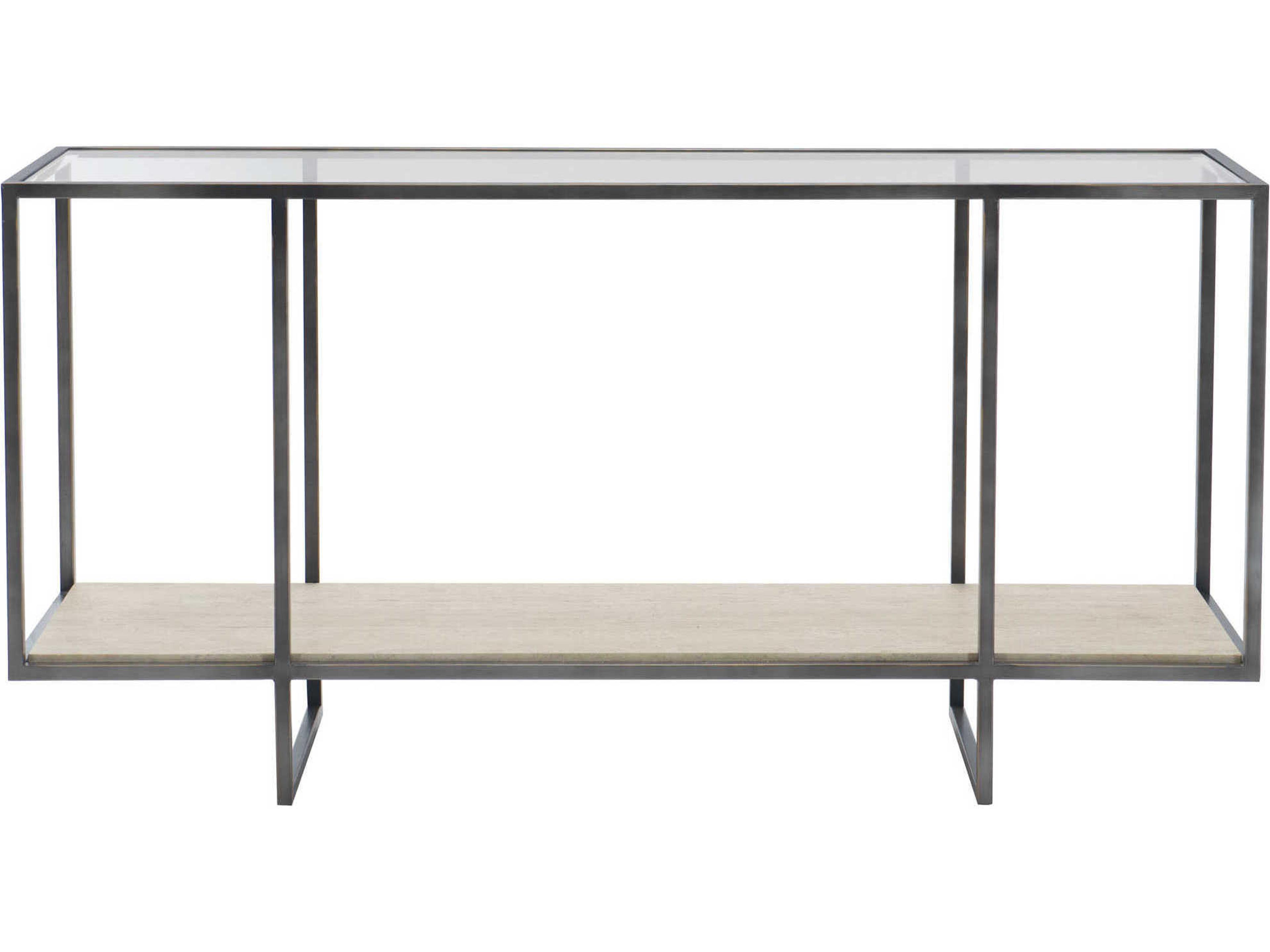 Freestanding Occasional Harlow Rectangular Glass Bronze White Travertine Stone Clear Console Table